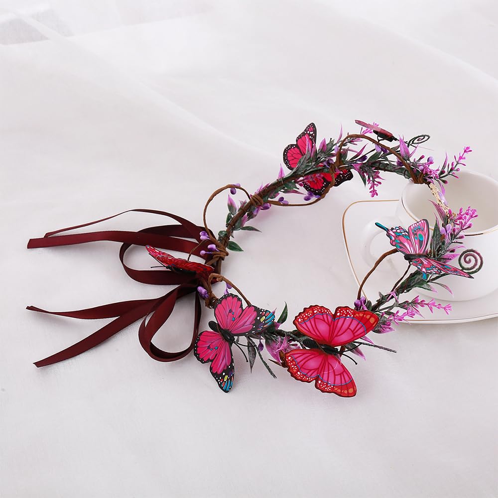 Flower Crown for Women, Adjustable Hair Accessories Butterfly Floral Crown with Crystal Rhinestone Headpiece Handmade Hairbands Floral Crown for Girls (Purple, Adjustable)