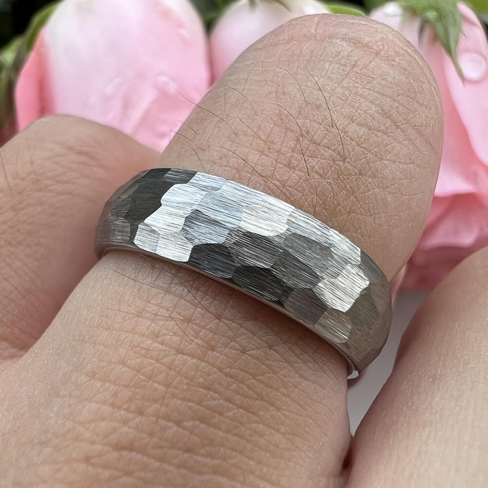 TUTISS 6mm Hammered Tungsten Carbide Rings for Men Women Engagement Wedding Bands Domed I Love You Engraved Comfort Fit Size 10