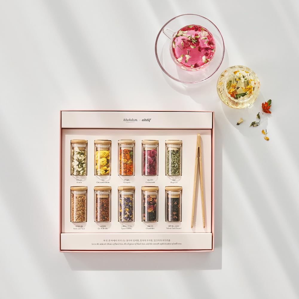 KKOKDAM Premium 10-Tea Sampler Gift Set with Wooden Tweezers β 5 Blooming Flower & 5 Blended Loose Leaf Teas β Unique Korean Gift Box for Women, Mom & Tea Lovers β 1.68oz Variety Pack