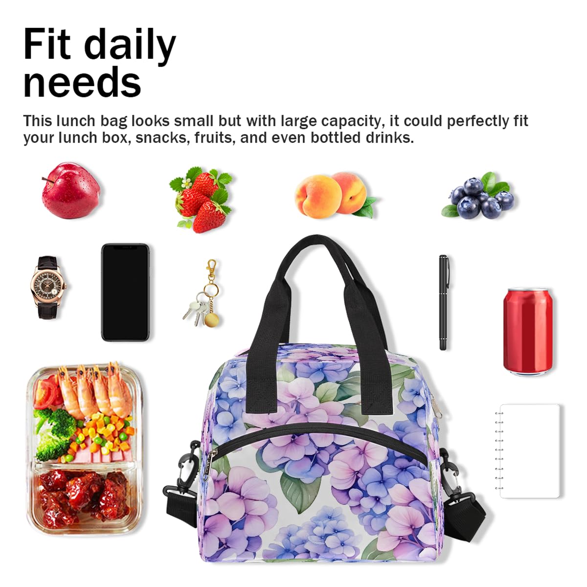 Pardick Purple Flower Floral Insulated Lunch Bag for Women Girl Reusable Lunch Tote Box With Shoulder Strap Lightweight Thermal Cooler Meal Prep Bag for Work School Office Picnic