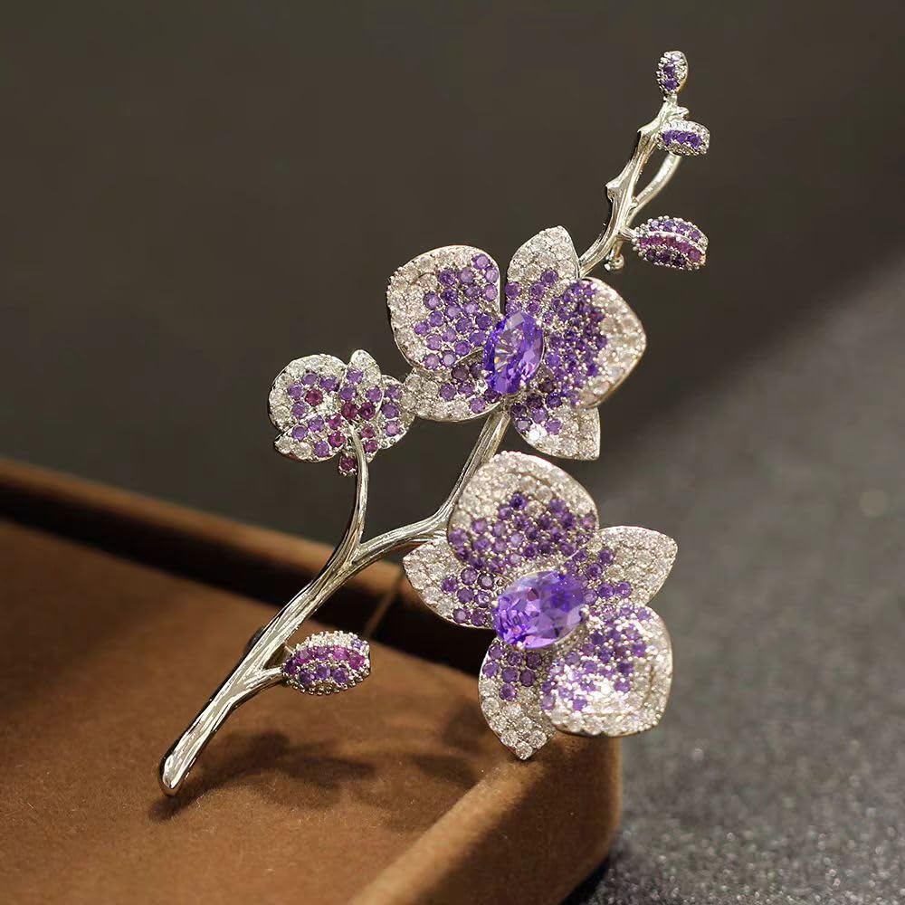 Elegant Butterfly Orchid Wedding Brooch Pins for Women Bride Delicate Purple Imitation Crystal Flower Branch Corsage Party Dance Bouquet Lapel Pins Dress Suit Accessories Beautiful Lady Jewelry Deco
