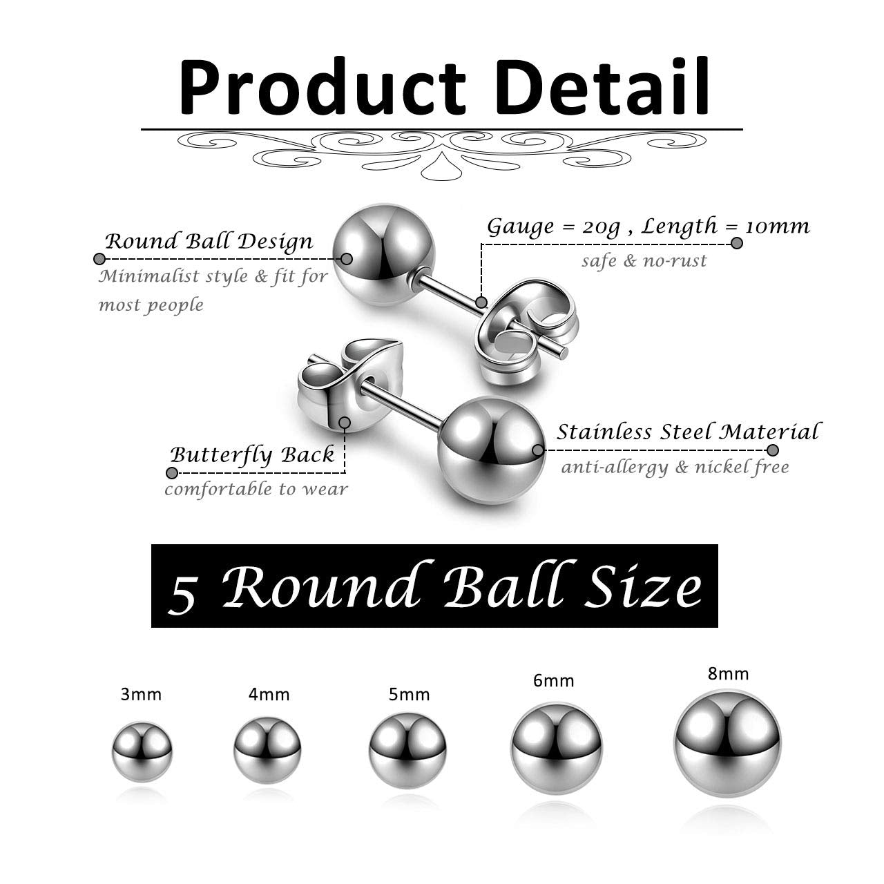 Top Plaza 10Pcs Hypoallergenic Stainless Steel Round Ball Black Earrings for Men Women Studs Earring Set 3mm-8mm(Black)