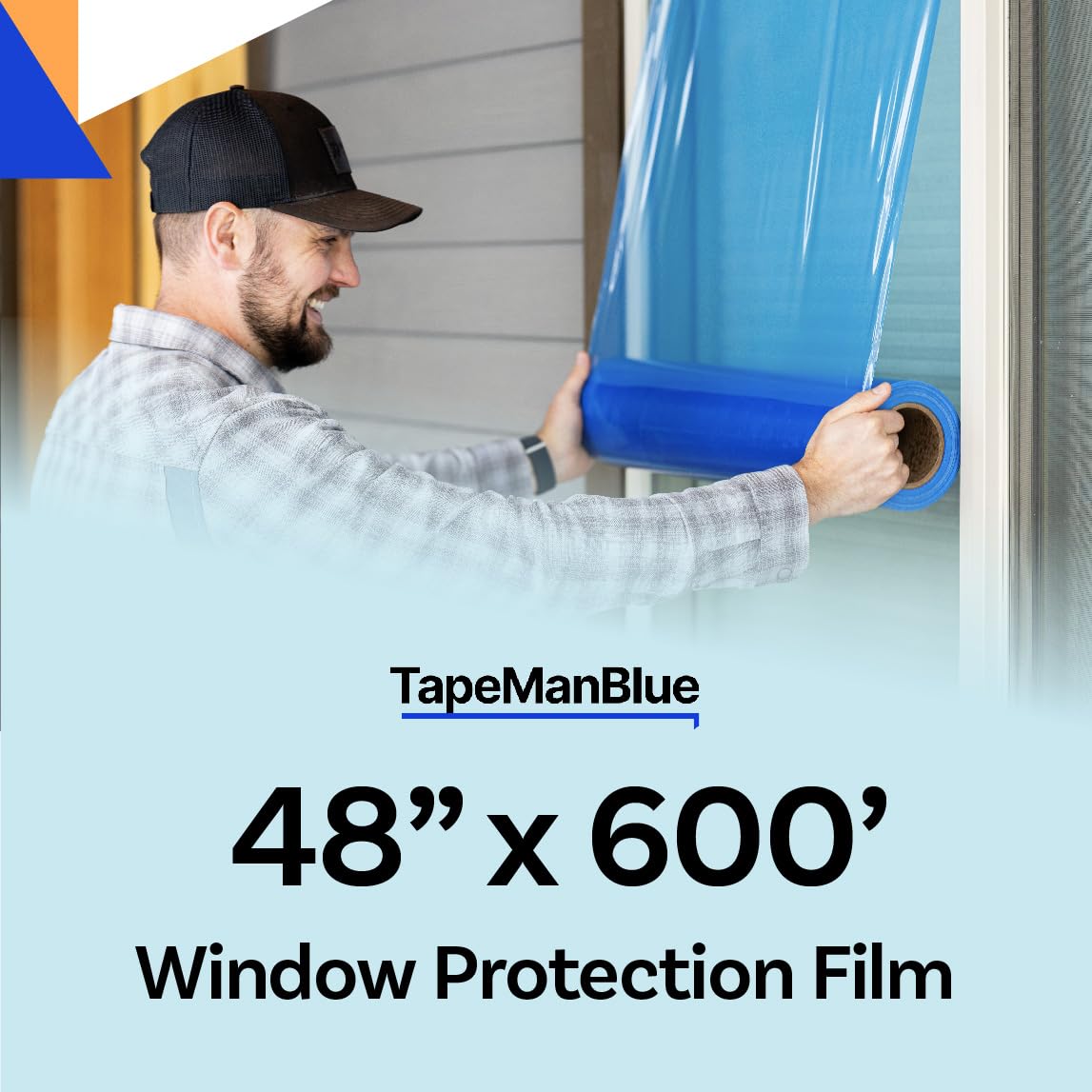 TapeManBlue Window Protection Film, 48 inch x 600 feet, Made in The USA, Strongest and Most Durable Window Protection Film for Construction, Blue Self-Adhesive Temporary Glass Protection Tape
