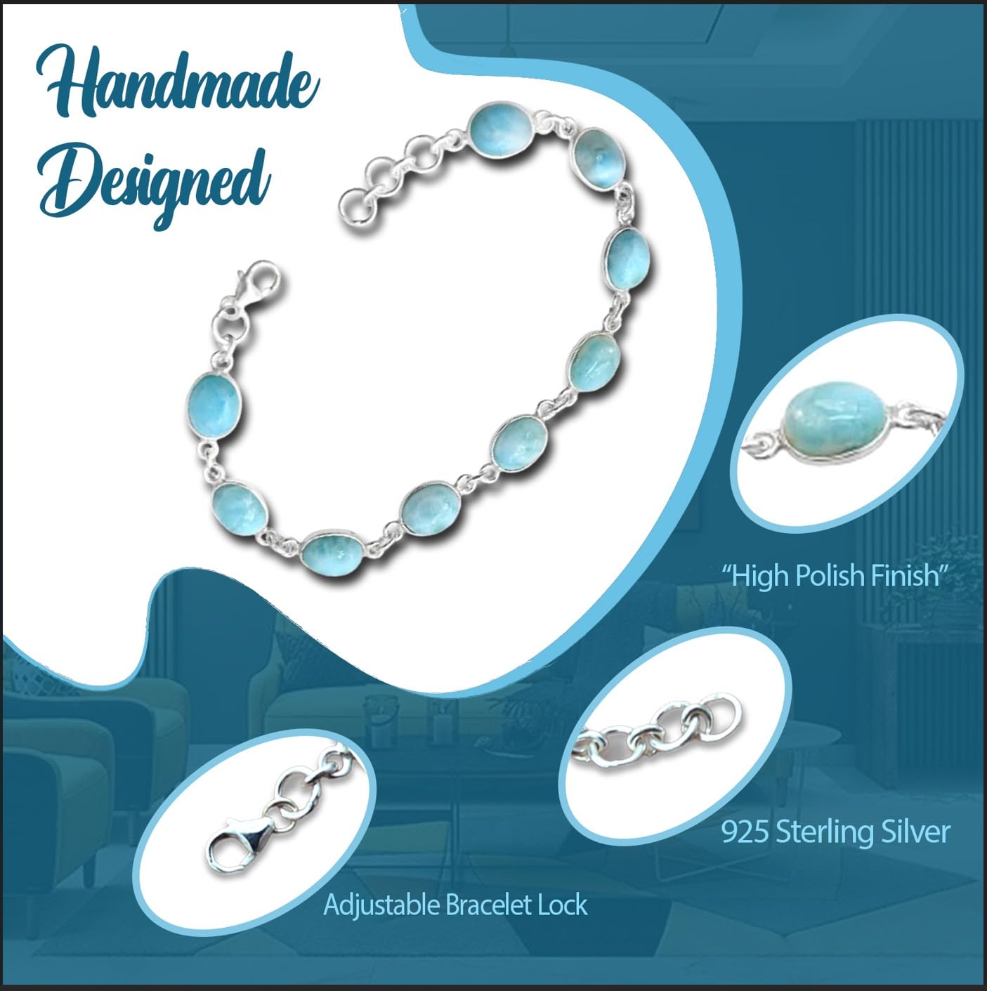 DESIGN HUB Larimar Bracelet 925 Sterling Silver | Handmade Oval Gemstone Bracelet for Women & Men | Adjustable 7-8 Inch Ocean Blue Jewelry | Unisex Artisan Gift | Women Gift for Her