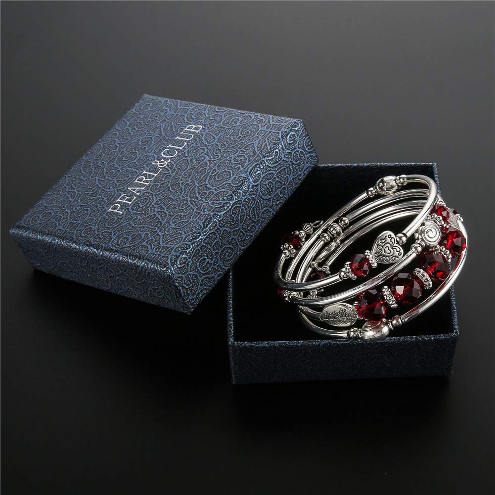 PEARL&CLUB Bead Crystal Wrap Bangle Bracelet - Fashion Jewelry Beaded Bracelet with Silver Metal, Gifts for Women(23-Red)