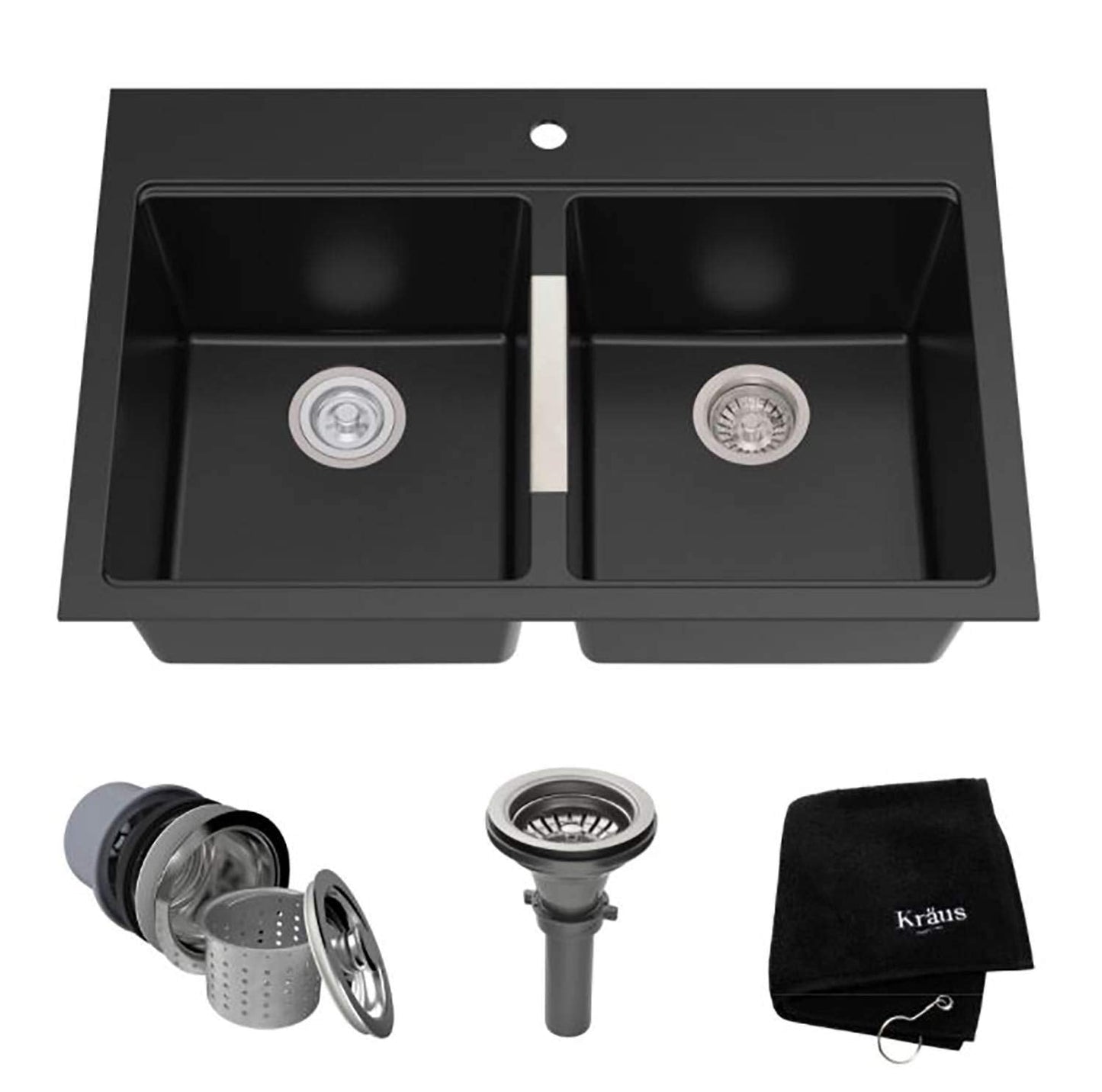 KRAUS Quarza 33-inch Drop-In/Undermount 50/50 Double Bowl Granite Kitchen Sink in Black Onyx, KGD-433B