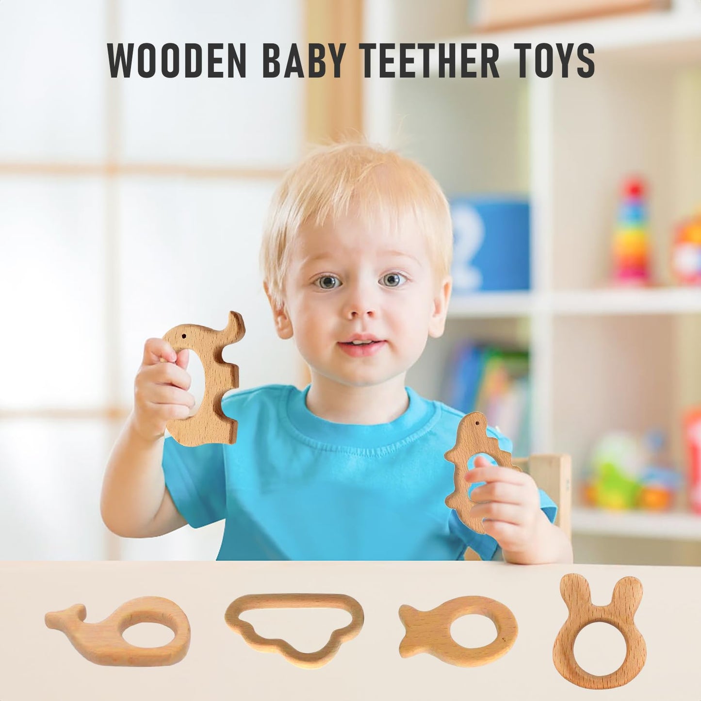 OSTTRPO 12-Pcs Baby Teether Toys,Wooden Teethers for Babies - Wooden Animal Toys, Teething Rings, Toddler Chew Toys,Baby Teething Rings and Wooden Teether Set-Suitable for Children Over 36 Months