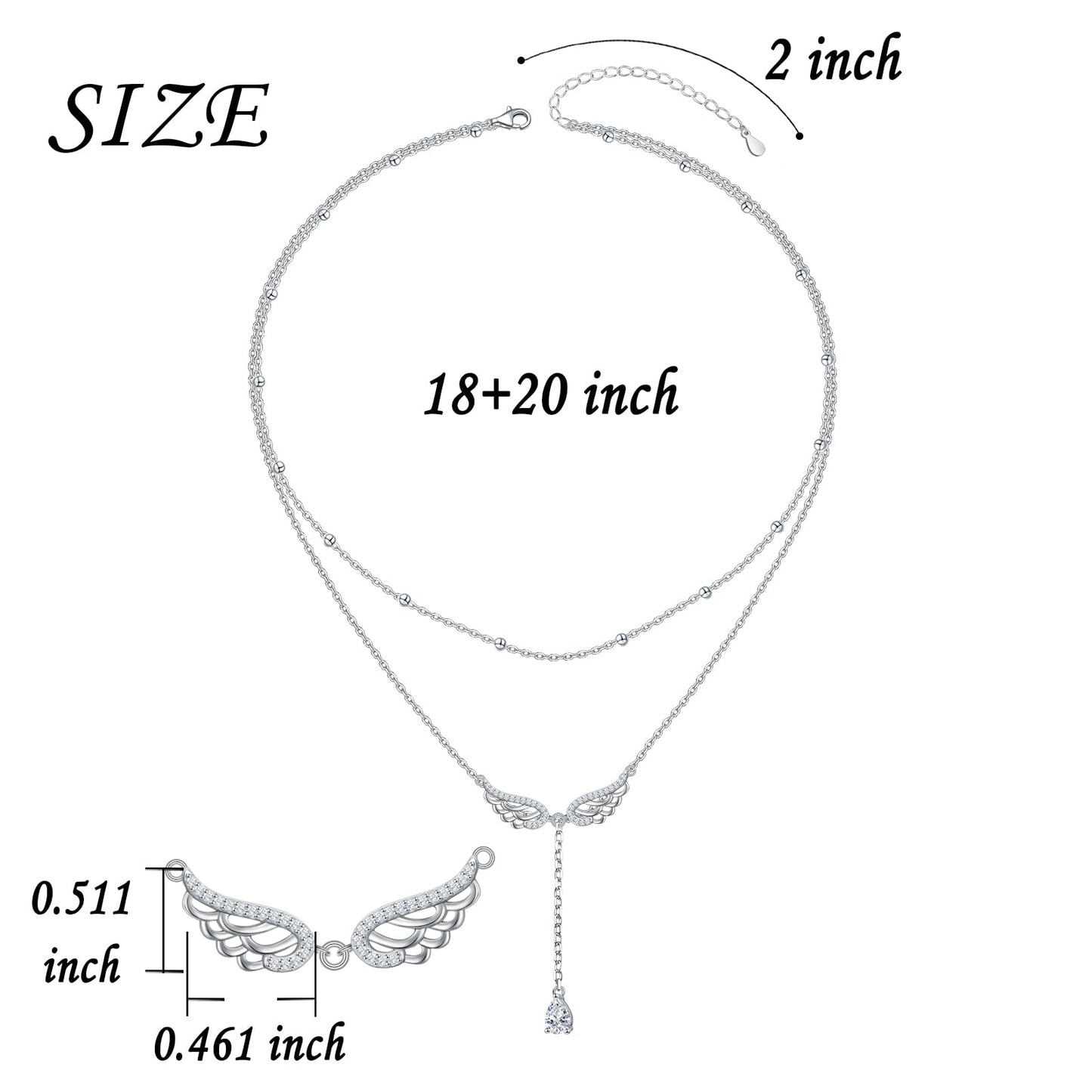 FLYOW Angel Wings Layer Necklace S925 Sterling Silver Double Layered Necklace Teardrop CZ Choker Y Lariat Long Necklace Birthday Mothers Day Gifts Sympathy Jewelry for Women