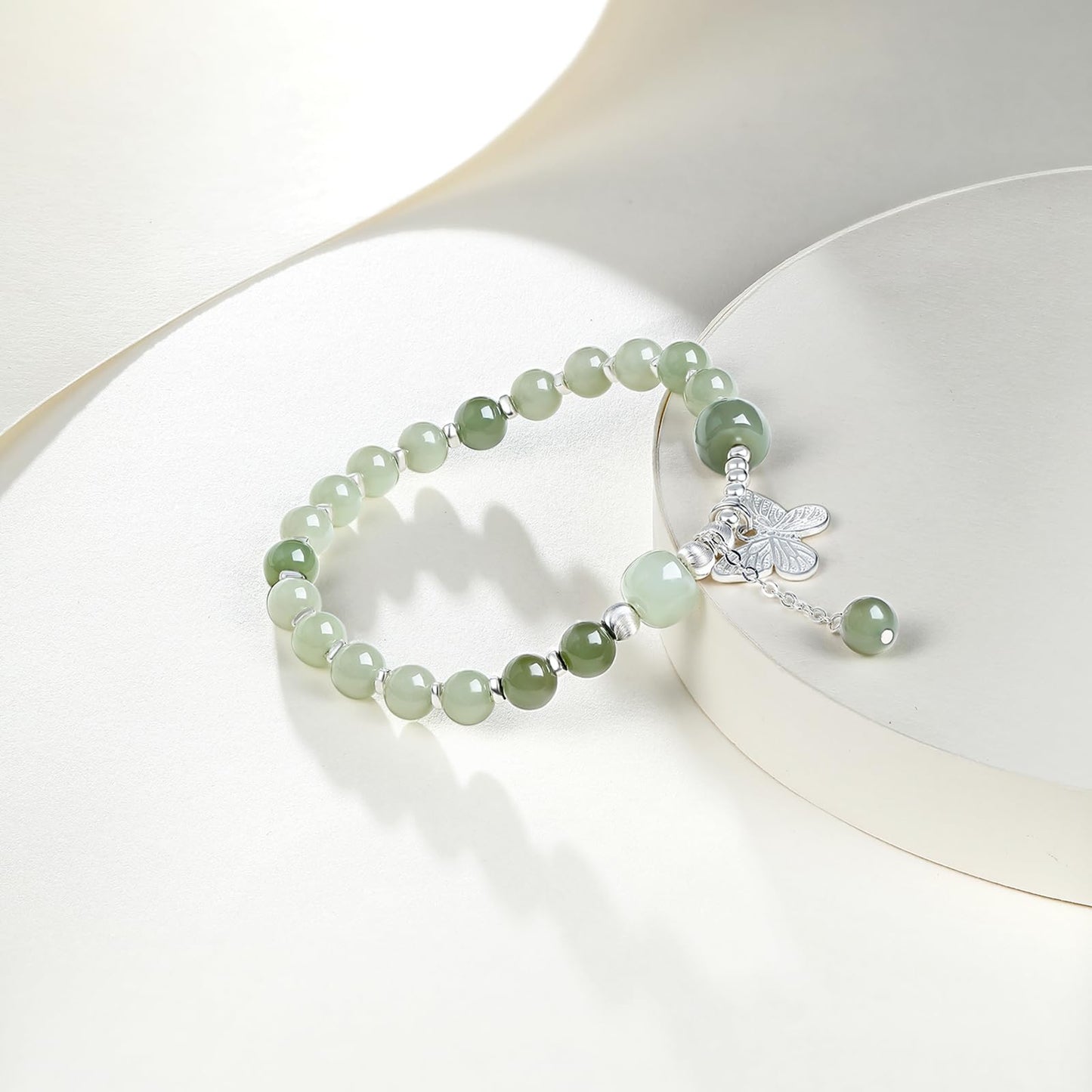 ZHOU LIU FU Sterling Silver Jasper Beaded Bracelets for Women S925 Silver Green Gemstone Bead Butterfly Stretch Bracelet Mom Birthday