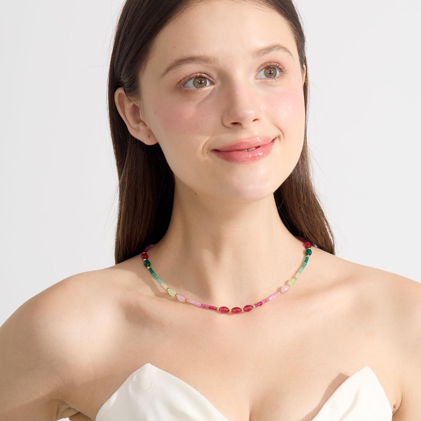 Gmissbabicoo Healing Crystal Necklace for Women Spiritual Zircon Beads Handmade Gemstone with 18k Golden Plated Green Pink Crystals Stones Beaded Adjustable Necklaces with Jewelry Box