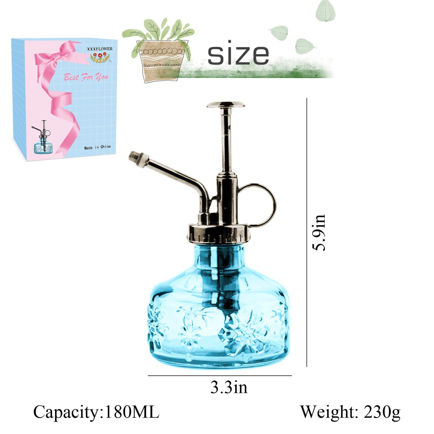 XXXFLOWER Glass Plant Mister Spray Bottle for Indoor Plant Spritzer Succulent Watering Bottle Tall Vintage Style with Bronze Plastic Top Pump