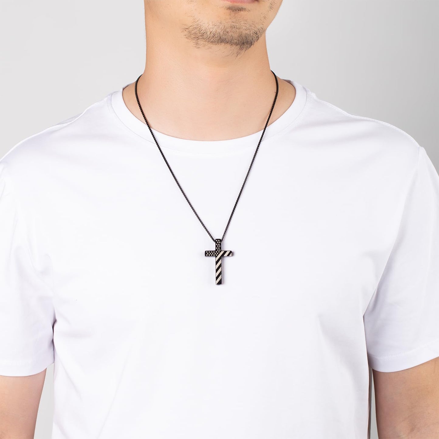 FUNPAR American Flag Cross Breathing Necklace, Stainless Steel Patriotic Jewelry, Inspirational Bible Verse Cross Necklace, Anxiety Relief Items for Men Christian Gift(Black 41:10)
