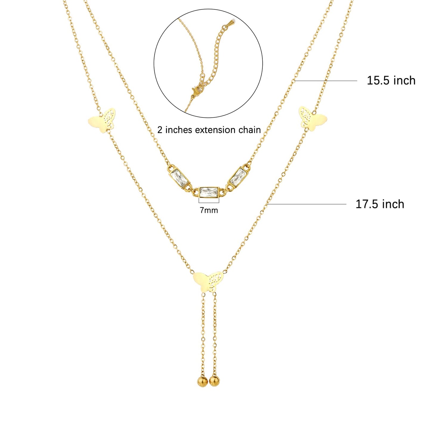 TaYolnFaSo 18K Gold Plated Double Layered Y Lariat Necklace Emerald Cut CZ Choker Butterflies Lariat Necklace Christmas Jewelry Gift for Women