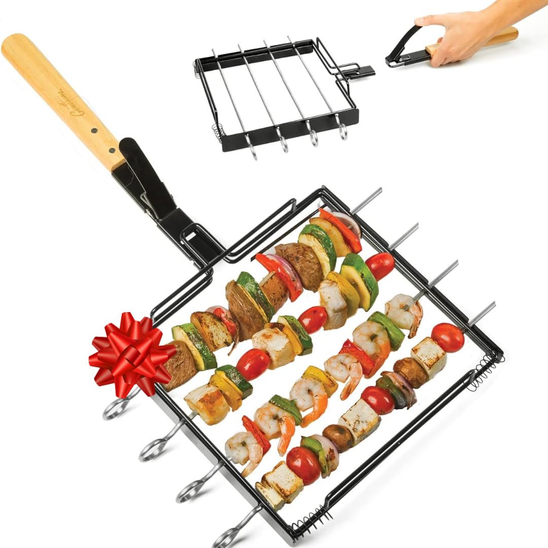 Camerons BBQ Skewer Rack Set - Includes Detachable Handle & 4 Non-Stick Stainless Steel Skewers for Grilling Barbecue Shish Kabobs, Meat, Vegetables & More - Grilling & Cookout Essential