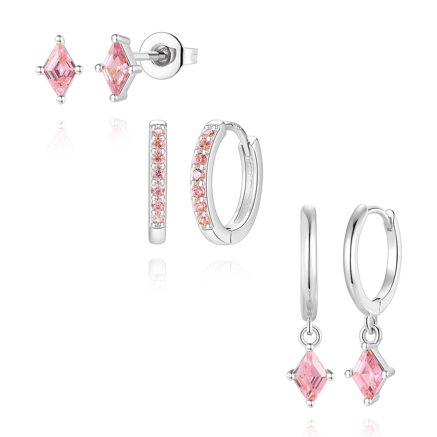 3 Pairs Sterling Silver Pink Earrings Set for Women, Hypoallergenic Silver Hot Pink Earrings for Women Dangling, Dainty Huggie Hoop White Earring Stacks Stud Earring Trendy Red Jewelry Gifts