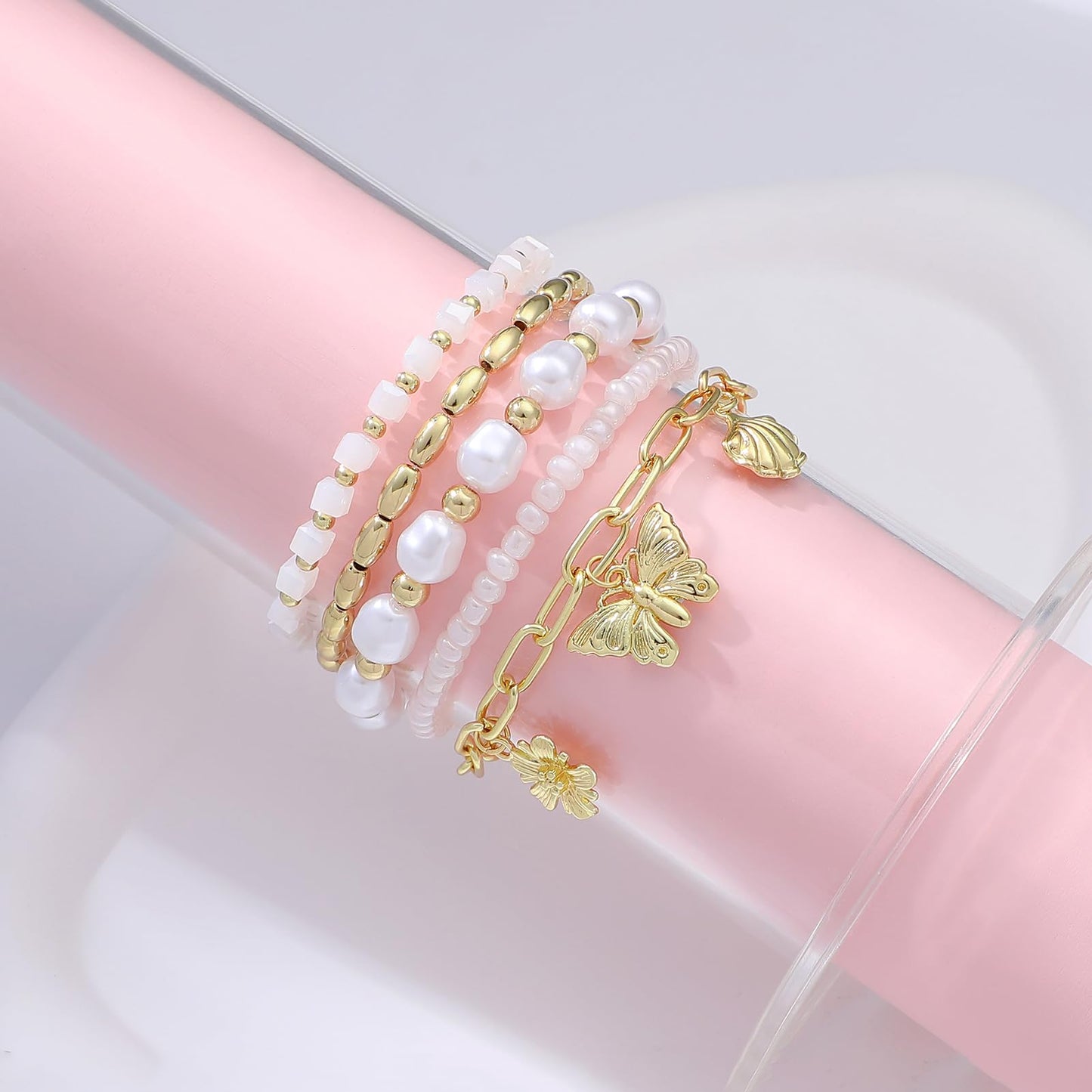 RISHEGAE Heishi Beaded Stretch Bracelets for Women Stackable Gold Polymer Clay Beads Bracelets Friendship Boho Summer Beach Bracelet Jewelry Set (E-Link 3 charm)