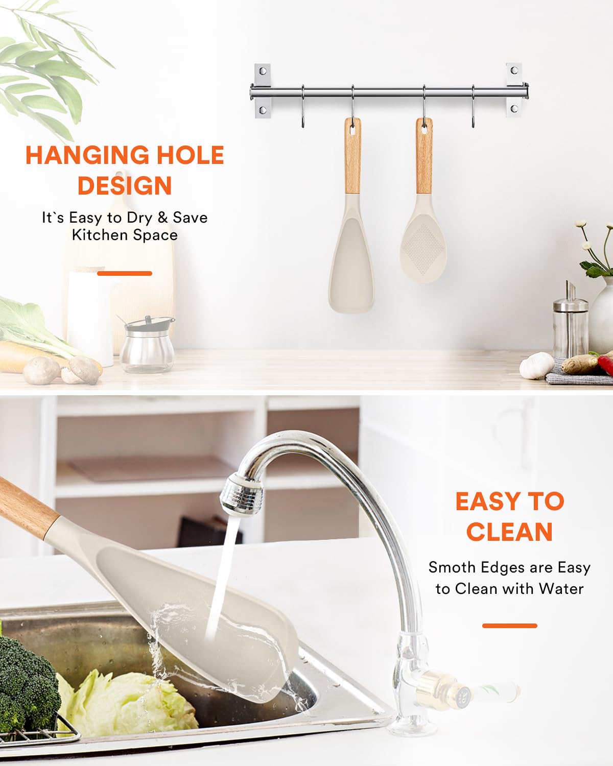 Cooking Spoon and Rice Scooper for Nonstick Cookwares, Great for Cooking and Serving Sturdy BPA-Free Matte Silicone, Wood Handle Spoon for Mixing, Scoop, and Scrape (KHAKI)