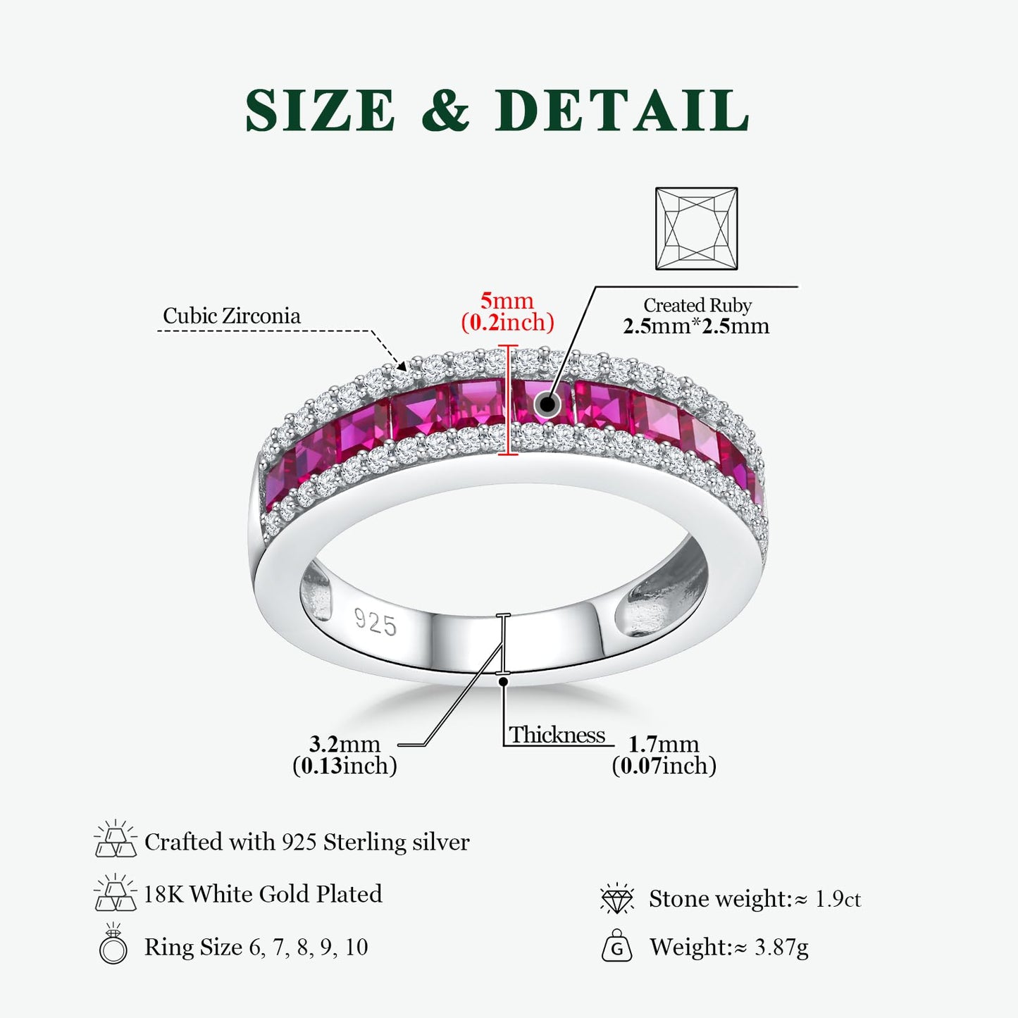 RANDES Red Ruby Eternity Band Rings for Women 925 Sterling Silver Channel Set Princess Cut Engagement Ring Wedding Band Size 6.5