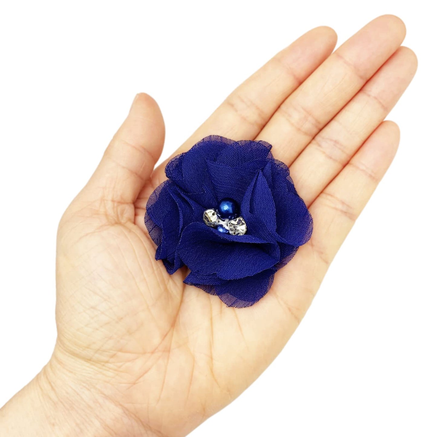 30pcs Rhinestone Chiffon Flower 2" Sewing Fabric Appliques for Clothing Craft Party Wedding Decor Tassel Topper Decoration Gift Wrapping Headbands Hair Accessories DIY (Dark Blue)
