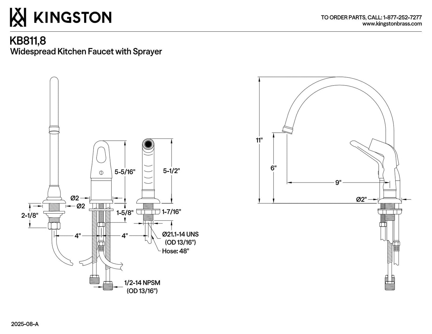 Kingston Brass KB818 Single-Handle Widespread Kitchen Faucet, Brushed Nickel
