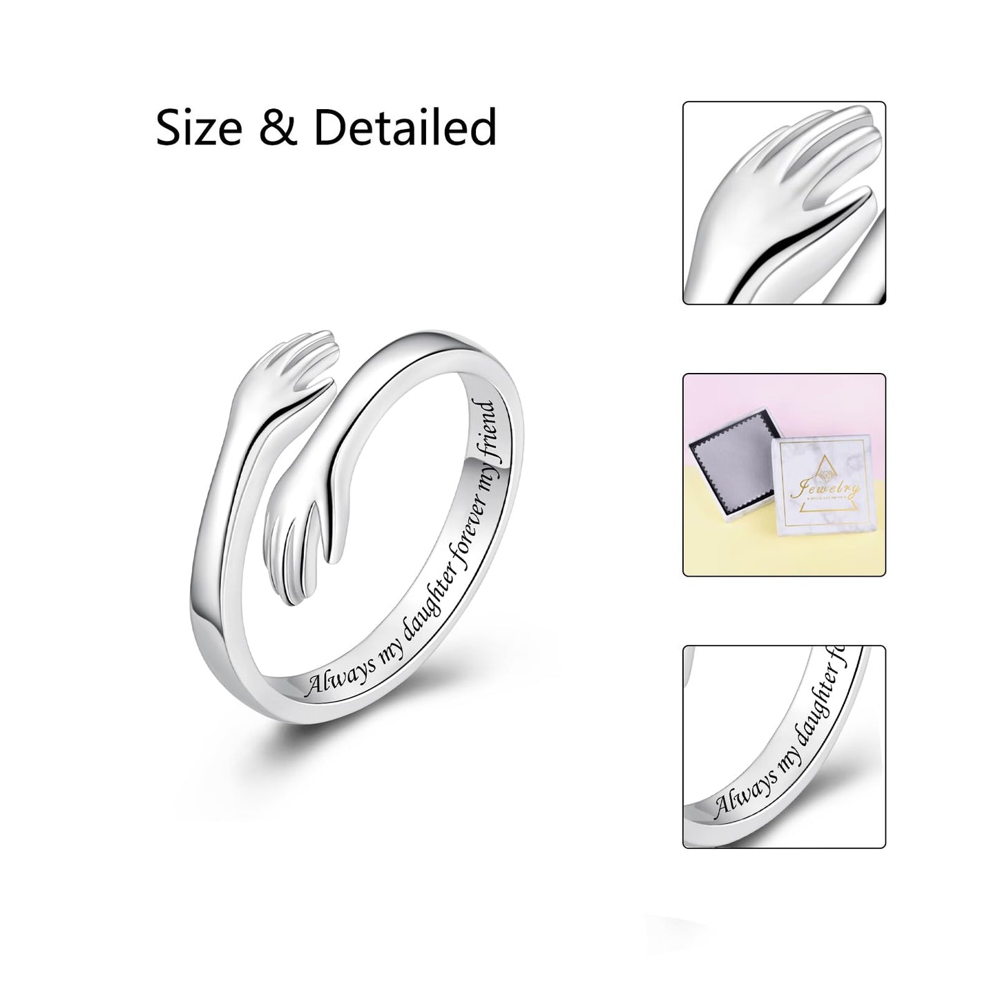 ACJFA Hug Rings for Women Sterling Silver Adjustable Hug Ring Christmas Gifts for Daughter (Always my daughter forever my friend)