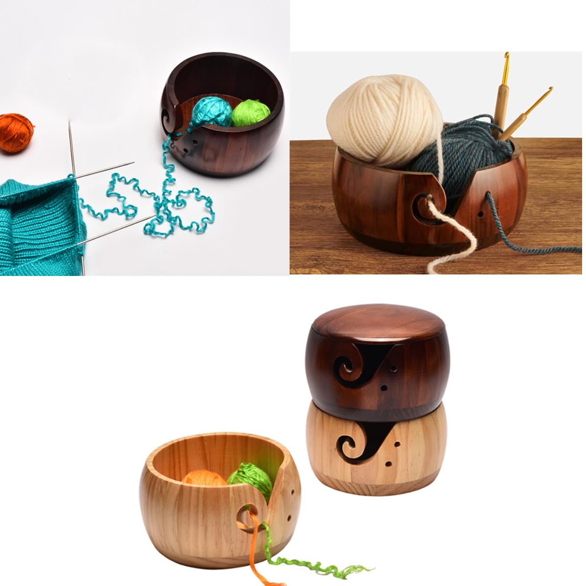 Natural Wooden Yarn Bowl with 12Pcs Crochet Hooks, Wood Thread Bowl Set for Knitters, Large Yarn Holder Storage Dispenser for Knitting DIY Crafts Tools Mother's Day Gift (Brown)
