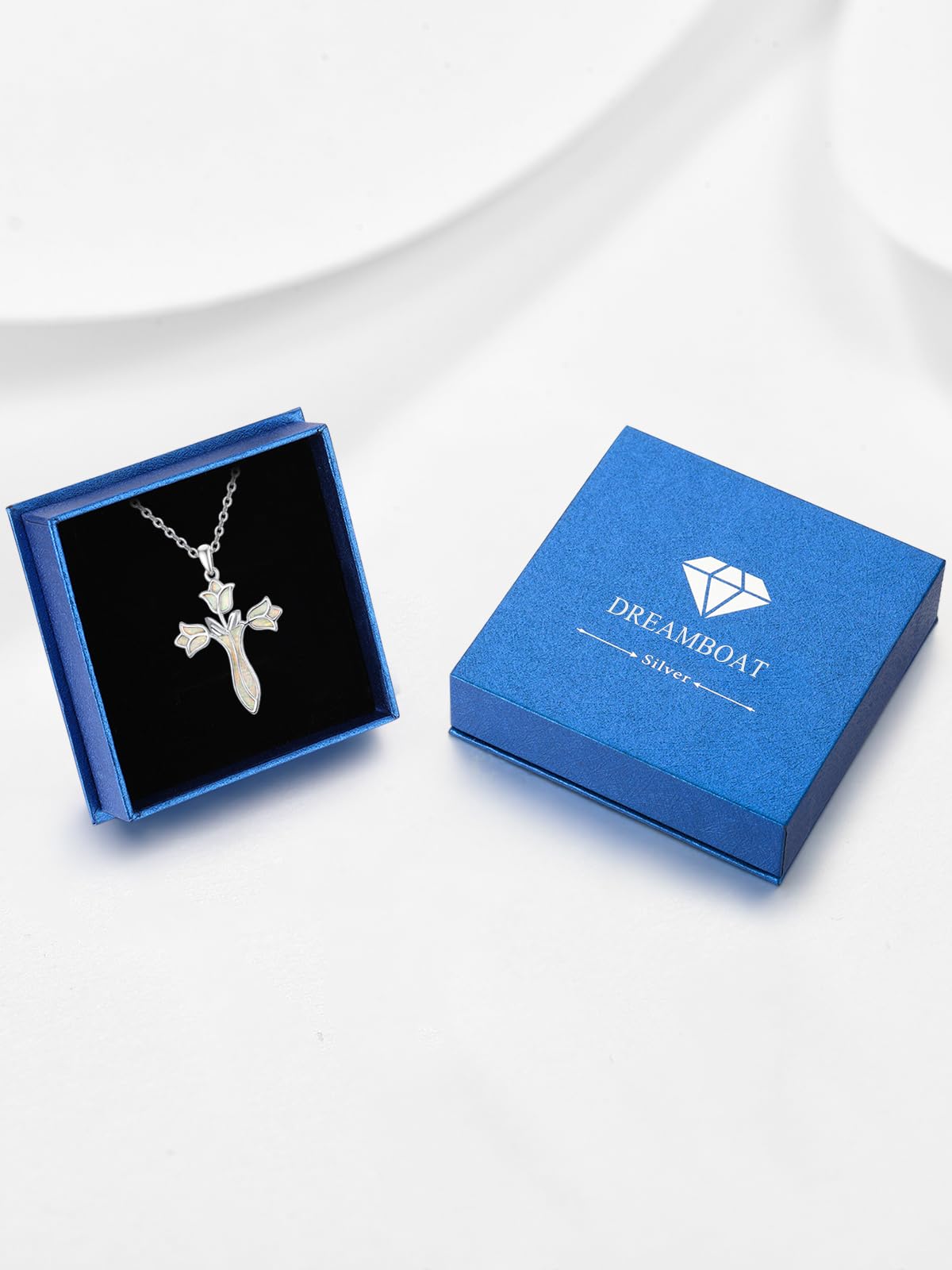 Dreamboat Opal Cross Necklace for Women Sterling Silver Cross Pendant Christian Necklace Tulip Rose Faith Confirmation Gifts Religious Jewelry for Mom
