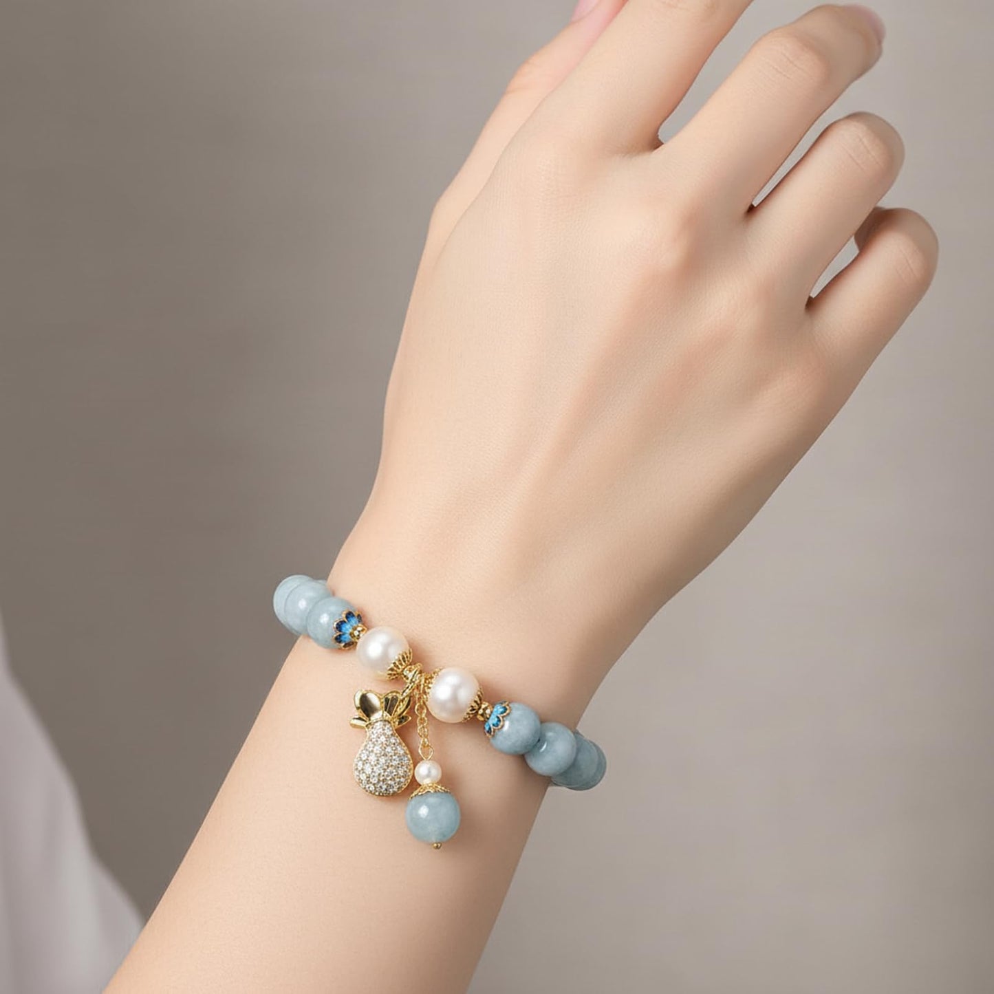RITIM Natural Aquamarine Bracelet for Women, Lucky Charm Healing Crystal Stone Bracelet with Pearl, Positive Energy Good Luck Jewelry Gift for Friends, Sister, Daughter, Her