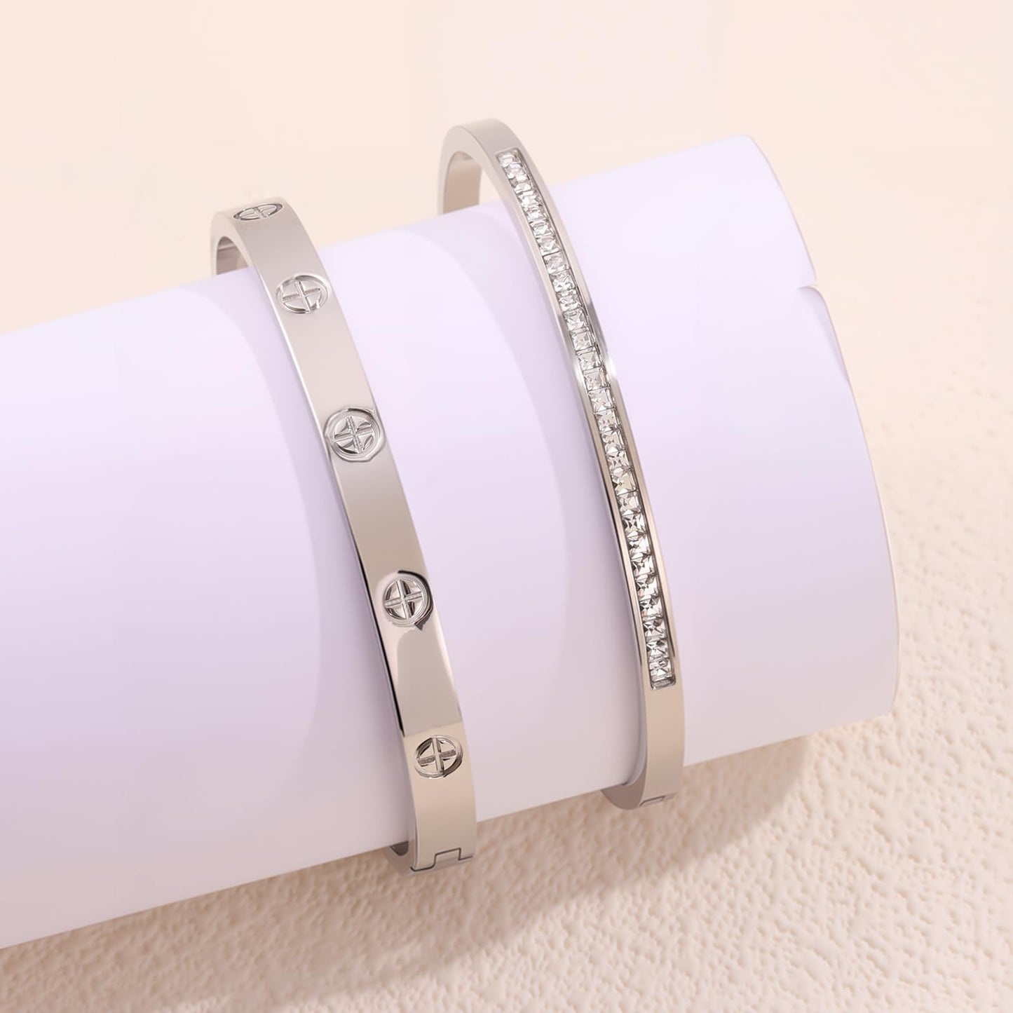 Camhanno Silver Bracelet Stack for Women - 2Pcs 18K Gold Plated Love Bangle Crystal Friendship Bracelet Jewelry,Mothers Day Valentines Birthday Christmas Jewelry Gifts for Mom Her Wife Grandma.