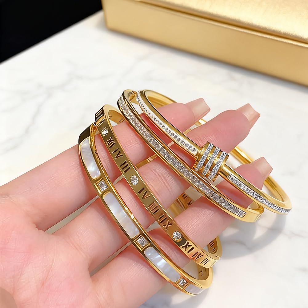 5-Piece Elegant Stainless Steel Bracelet Set, Fashionable Classic Design, Stainless Steel 5 Piece Bracelet Set, Non Tarnish Bangle, Elegant Bracelets Sets for Everyday and Formal Wear (Rose Gold)