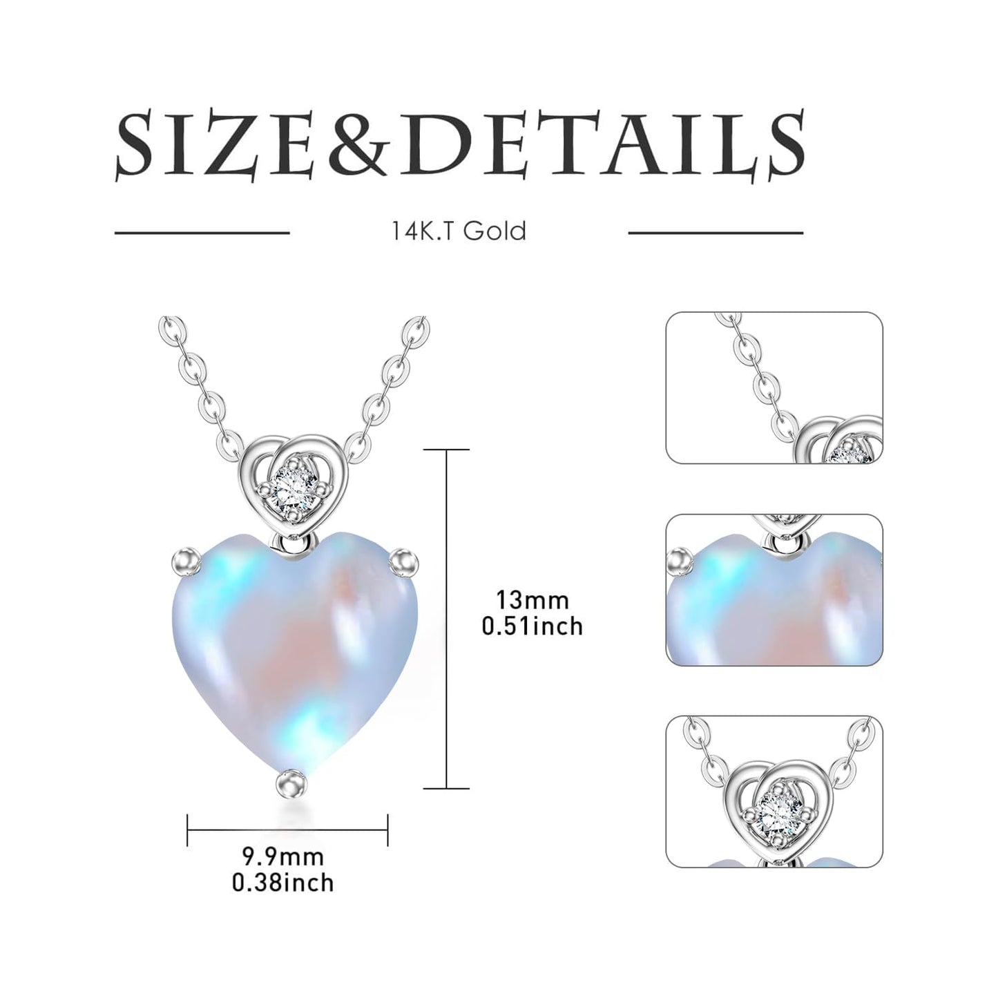 NFYBD 14k White Gold Love Heart Moonstone Birthstone Pendant Necklace for Women 3 Carat Heart-cut Created Gemstone Anniversary Birthday Mother's Day Necklaces for Her-June