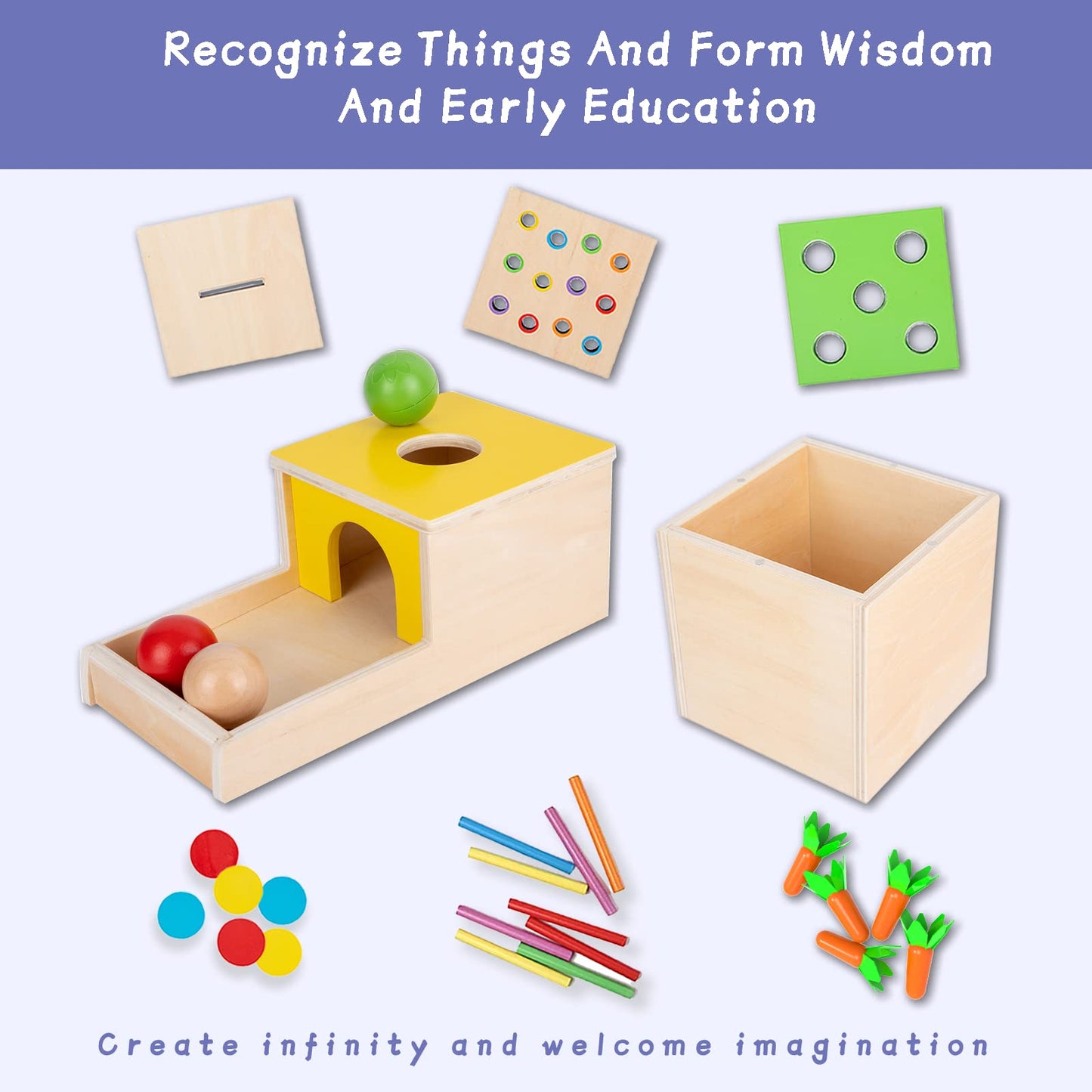 Adena Montessori 4 in 1 Wooden Play Kit Baby Toys,Object Permanence Box,Matchstick Color Drop Game,Carrot Harvest and Coin Box,Ball Drop Toy for Kid 1,2,3 Year Old,Girl Boy Gift for Baby 6-12 Month