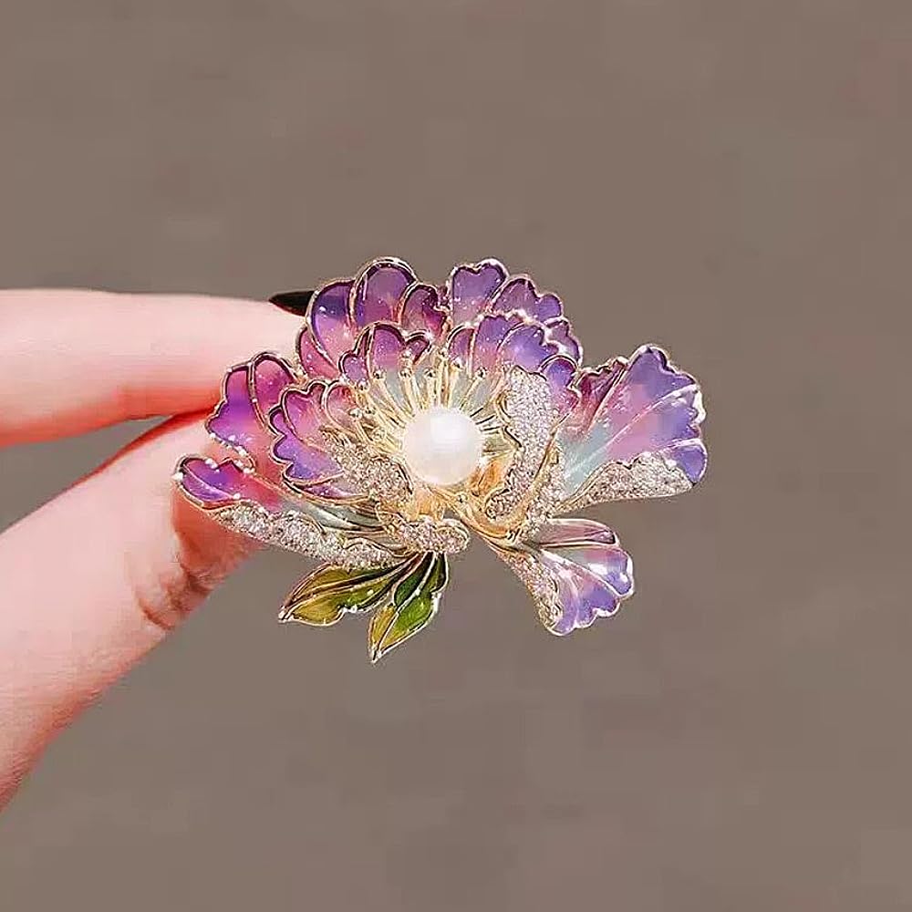 Dainty Flower Brooch Pins for Women Graceful Cubic Zircon Peony Pearl Enamel Badges Lapel Pins Trendy Banquet Prom Dress Jewelry Accessories Gift (Purple)