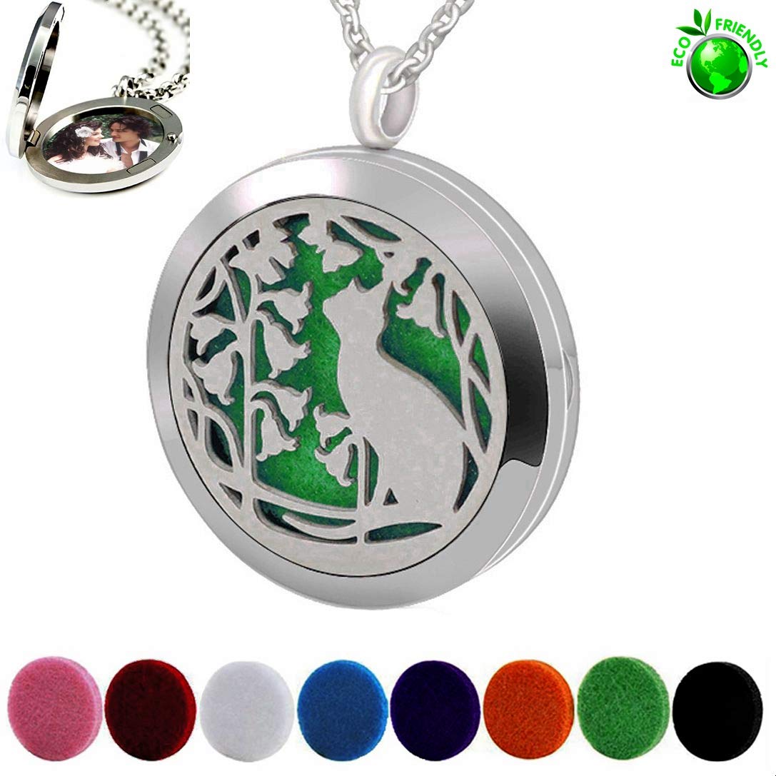 Popeoiuh Essential Oil Diffuser Necklace, Aromatherapy Perfume Stainless Steel Cat Locket Pendant Jewelry Christmas Birthday Gift for Women Men Teen