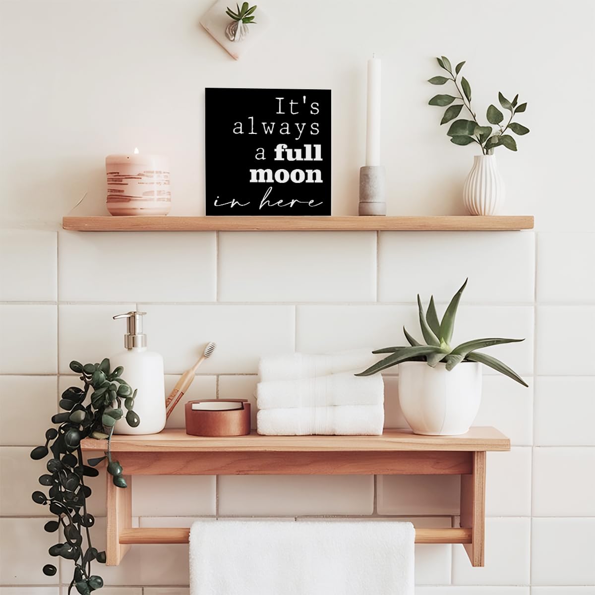 Funny Black Wood Sign - 'It's Always a Full Moon in Here' - Wooden Block Sign for Shelf, Toilet, Tabletop, Desk Decor, Farmhouse Bathroom