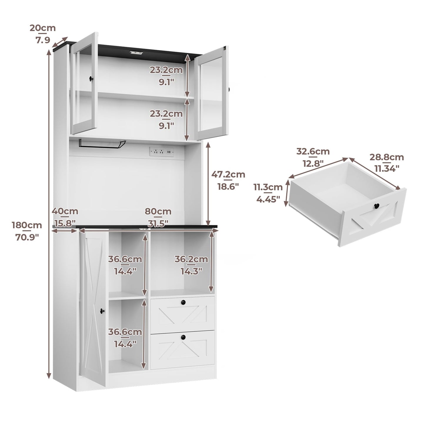 Frmobepts 71‘’Kitchen Pantry Storage Cabinet with LED Lights and Power Outlet, Tall Farmhouse Kitchen Hutch with Microwave Stand,Globet Hooks and Adjustable Shelf for Dining Living Room,White
