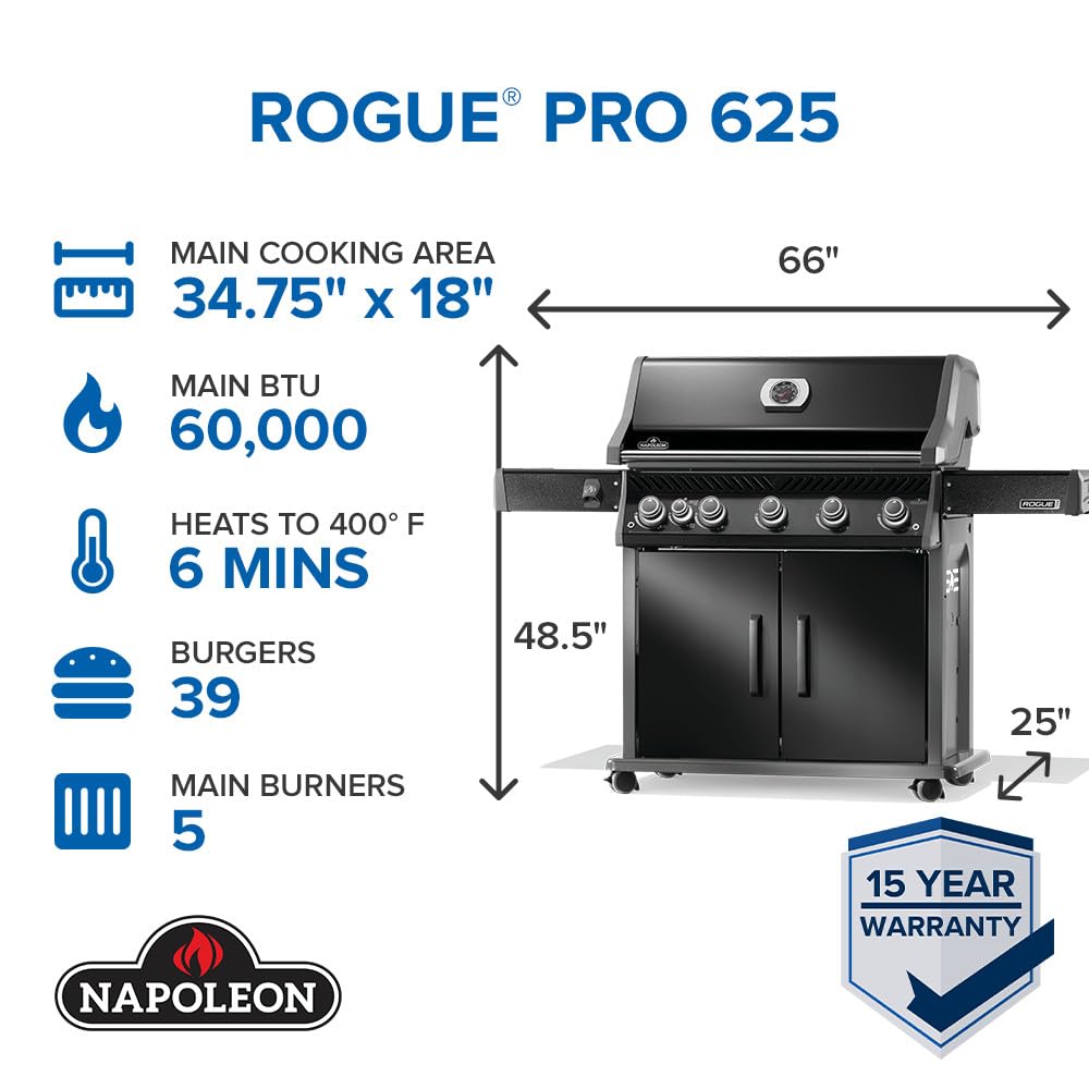 Napoleon Rogue PRO 625 Propane Gas Grill with Infrared Side Burner, Black, Durable 6-Burner Backyard Grill