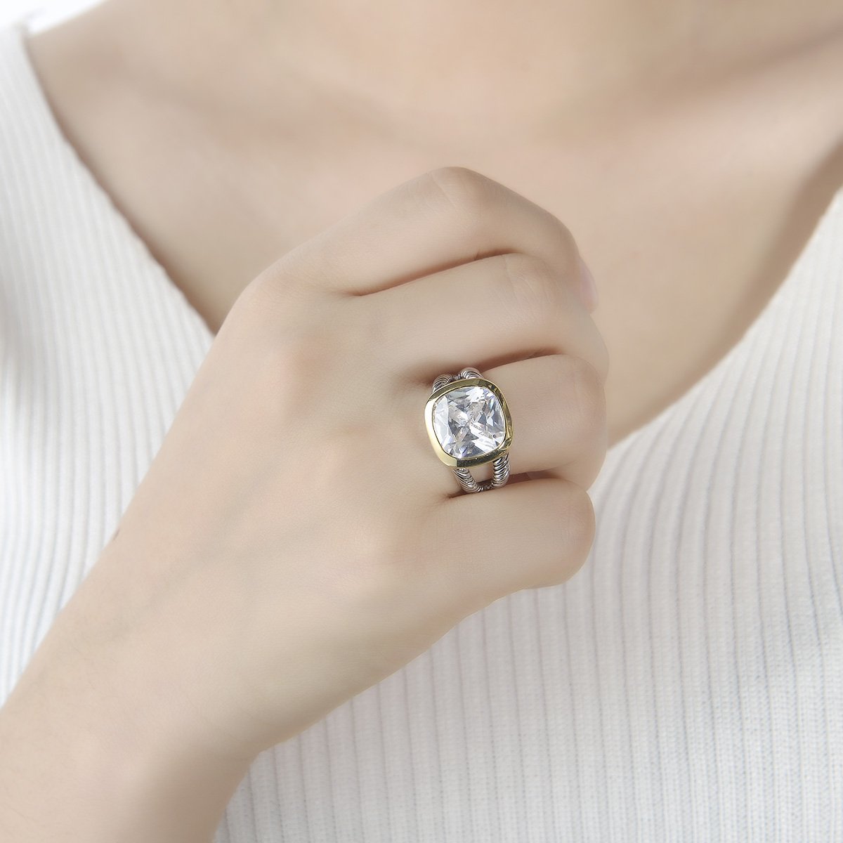 UNY JEWEL Twisted Cable Wire Two Tone Cusion Cut CZ Statement Ring Designer Inspired Fashion Love Antique Women Jewelry Gift (White, 7)