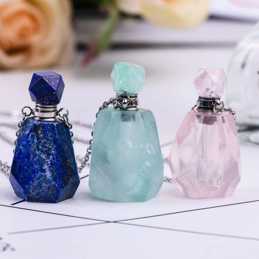YGLINE Fluorit Essential Oil Crystal Vial Necklace,Essential Oil, Youngliving,Perfume Bottle Necklace