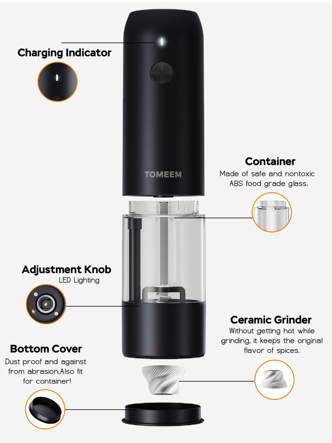 TOMEEM Electric Salt and Pepper Grinder Set with LED Lights,Rechargeable Automatic Pepper and Salt Mill with 6 Adjustable Coarseness, Dust Cover, One-Button Control for Cooking, Home Gifts