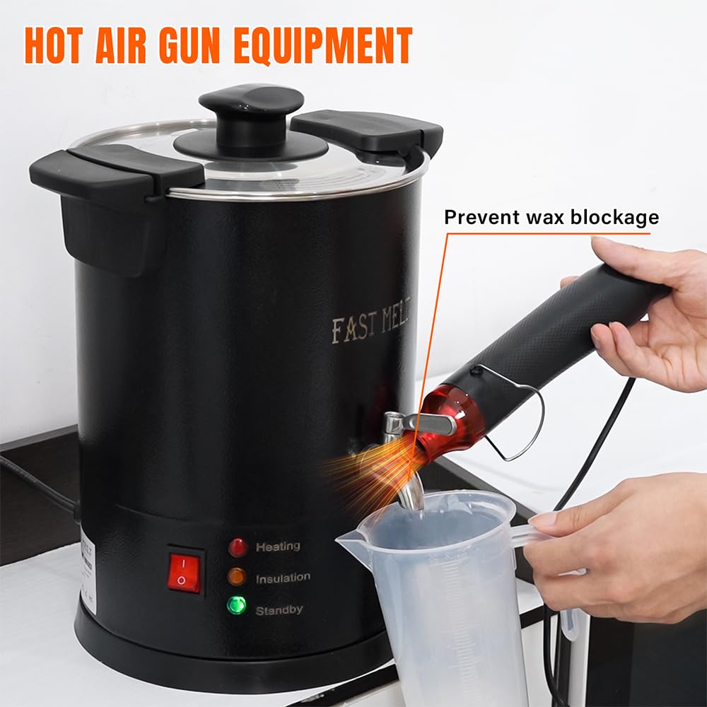 FAST MELT 5 Liter Wax Melter for Candle Making, Electric Wax Melting Pot with Easy Pour Spout & 30-110C Temp Control, Easy Clean for Home Candle Business Starter (Heat Gun + Gloves + Measuring Cup)