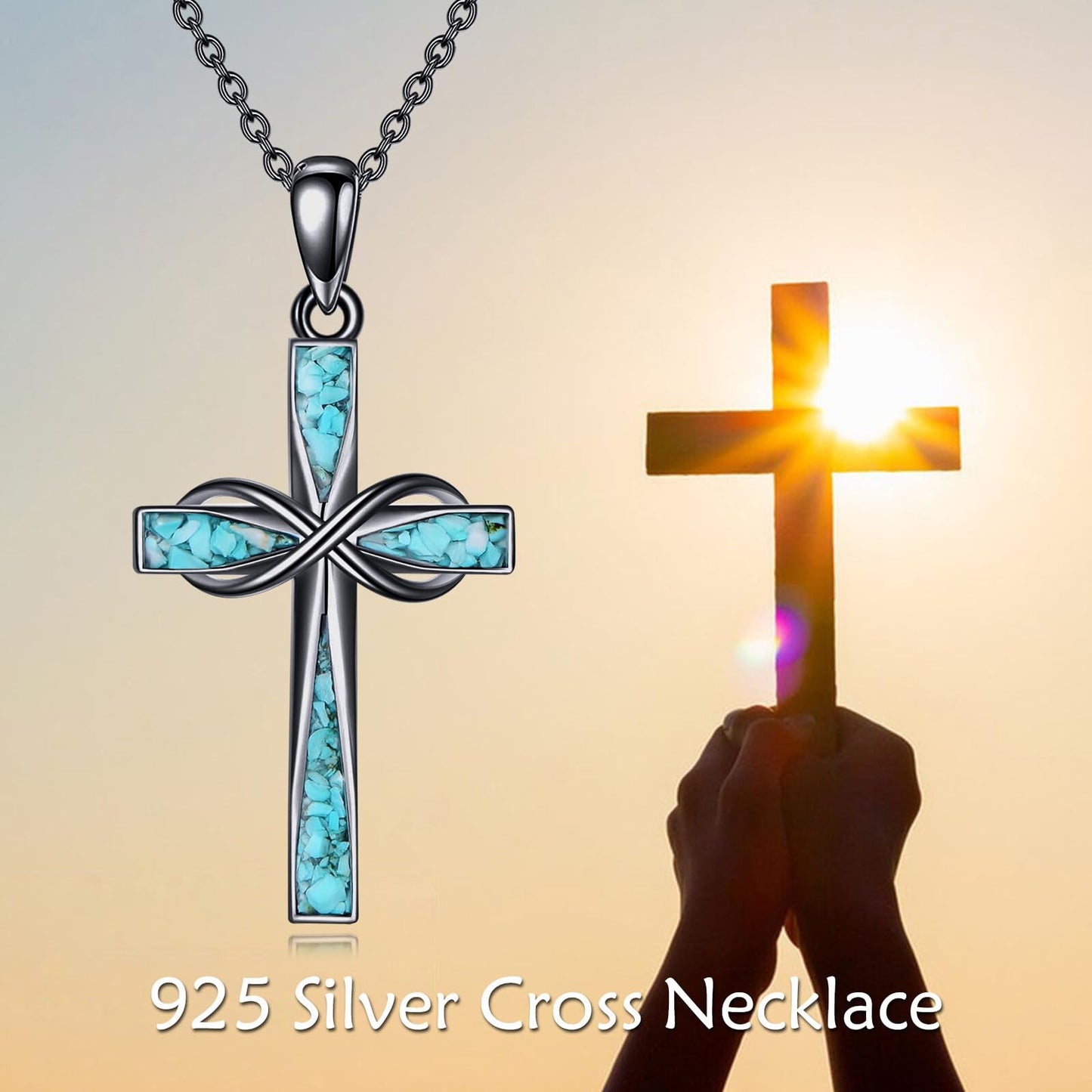 ONEFINITY Black Cross Necklace 925 Sterling Silver Turquoise Cross Pendant Necklace Religious Jewelry Gifts for Women Men