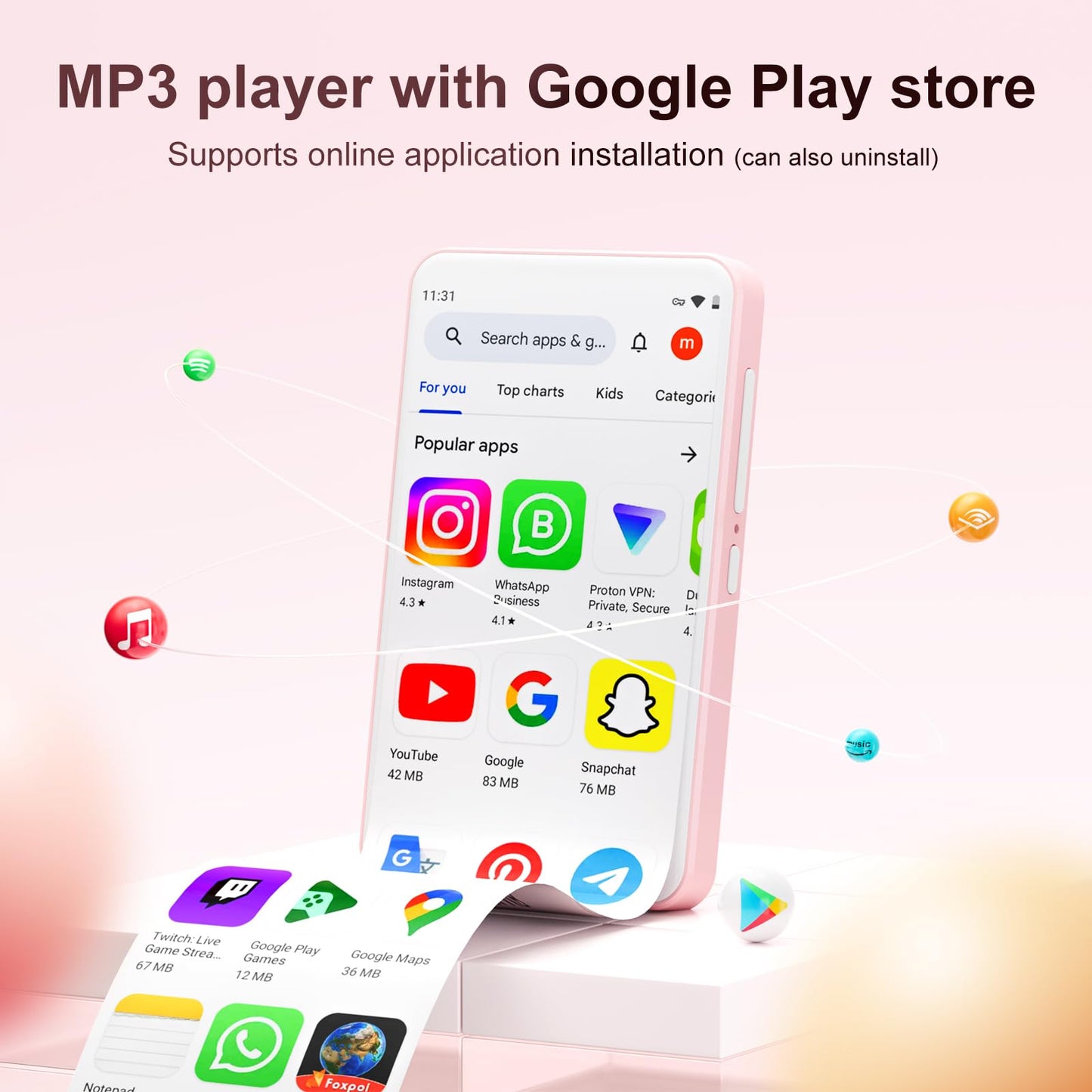 80GB MP3 Player with Bluetooth and WiFi, Mp3 & Mp4 Music Player with Spotify, Amazon Music, Deezer, Audible, Browser, 4.0" IPS Touch Screen Android Player with Speaker, FM Radio, Up to 512GB(Pink)