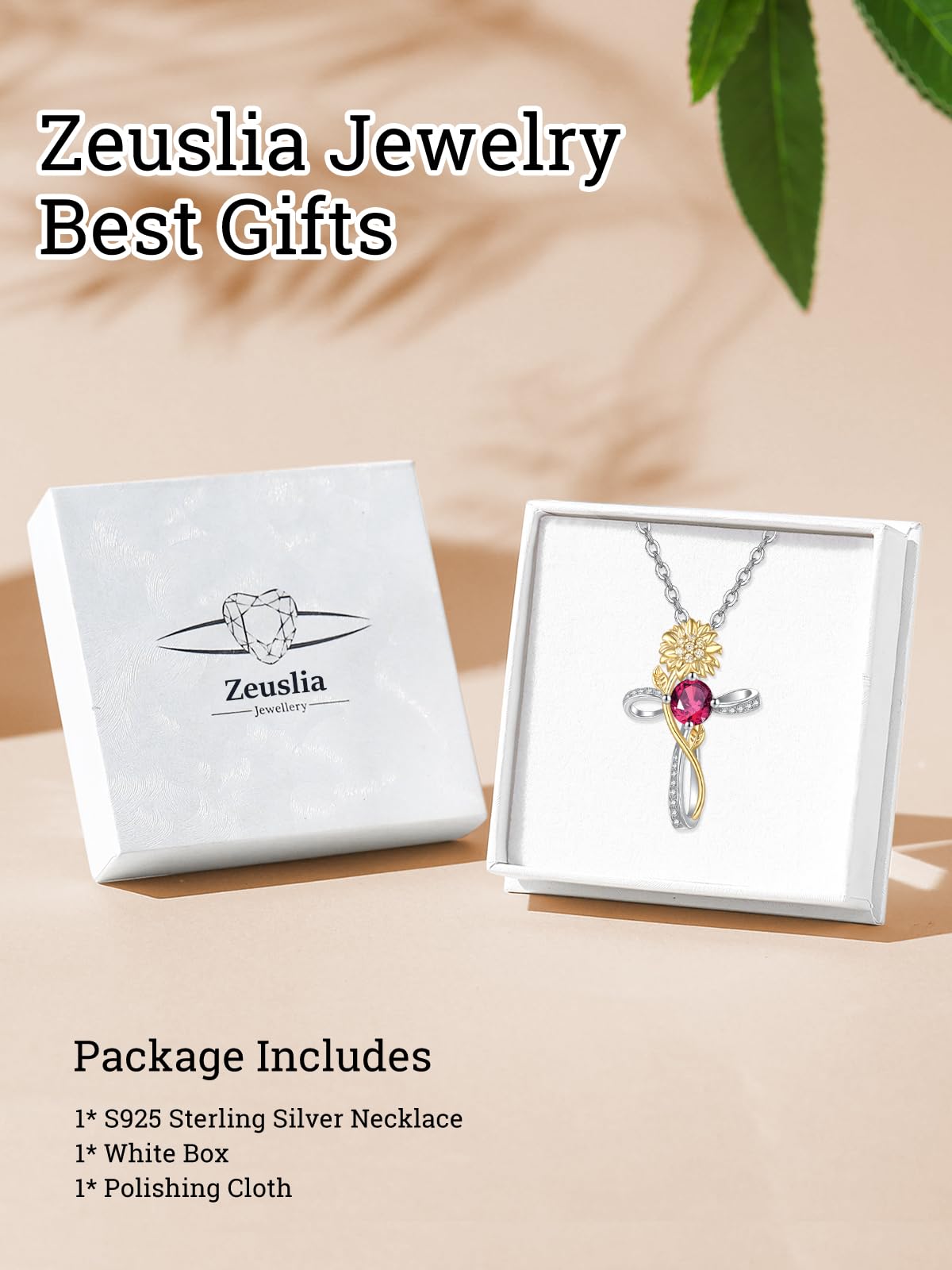 Zeuslia Cross Necklace for Women Sterling Silver Cross Pendant Jewelry with Sunflower Ruby July Birthstone Necklace Christian Religious Baptism First Communion Confirmation Birthday Gifts for Women
