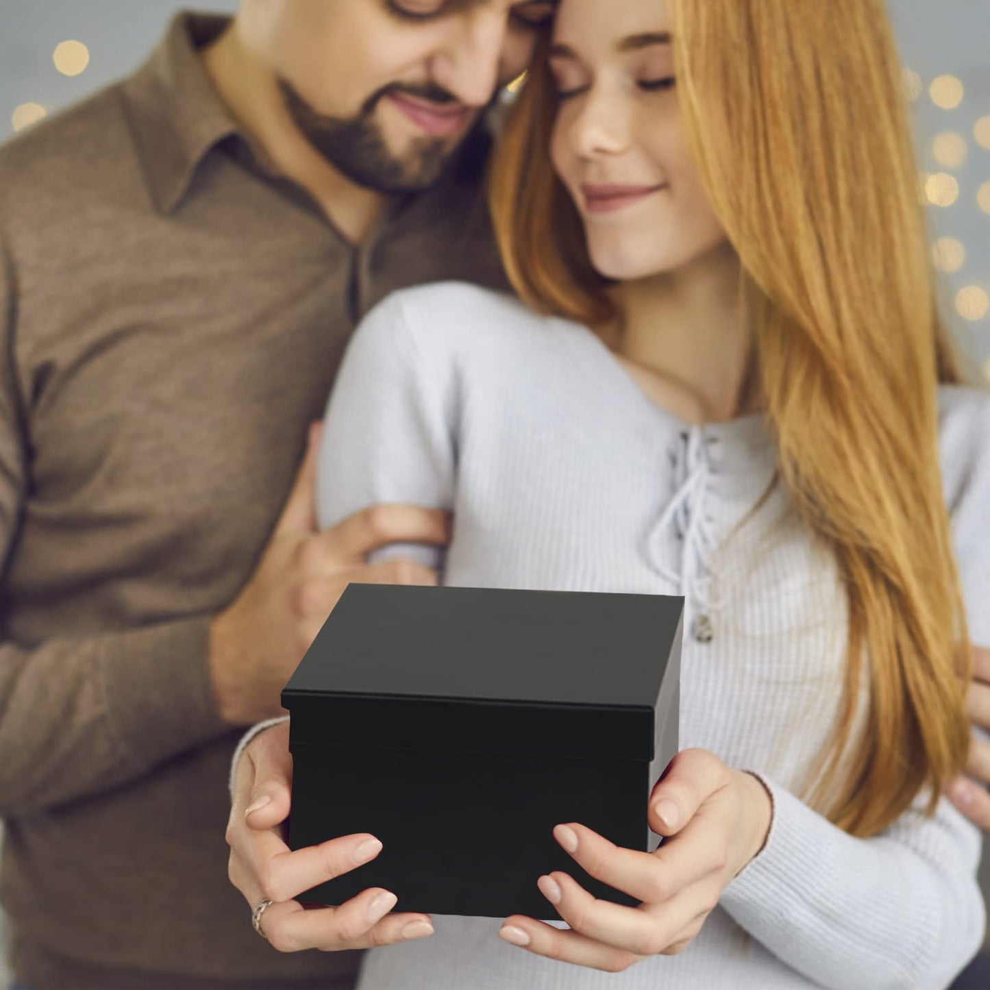 NOVELTYBOXUSA Nesting Gift Boxes with Lids 4 Pack,Fancy Square Rigid Gift Boxes for Present Black Stackable Gift Packing Boxes For Groomsmen Proposal Wedding Birthday Baby Showers