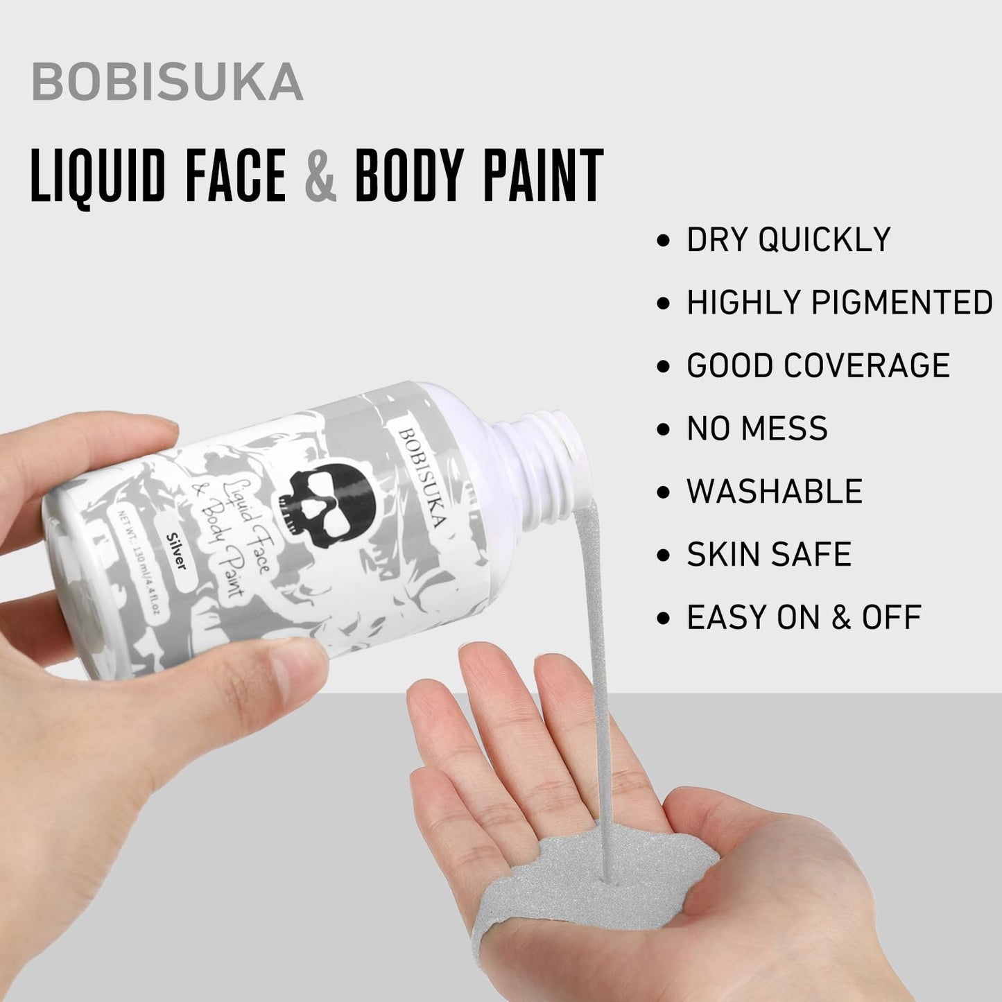 BOBISUKA Silver Face Body Paint Liquid Texture Washable Non Toxic Facepaint Fast Drying Metallic Silver Foundation Makeup for Halloween Cosplay SFX Costume Party Large Capacity(130ml)