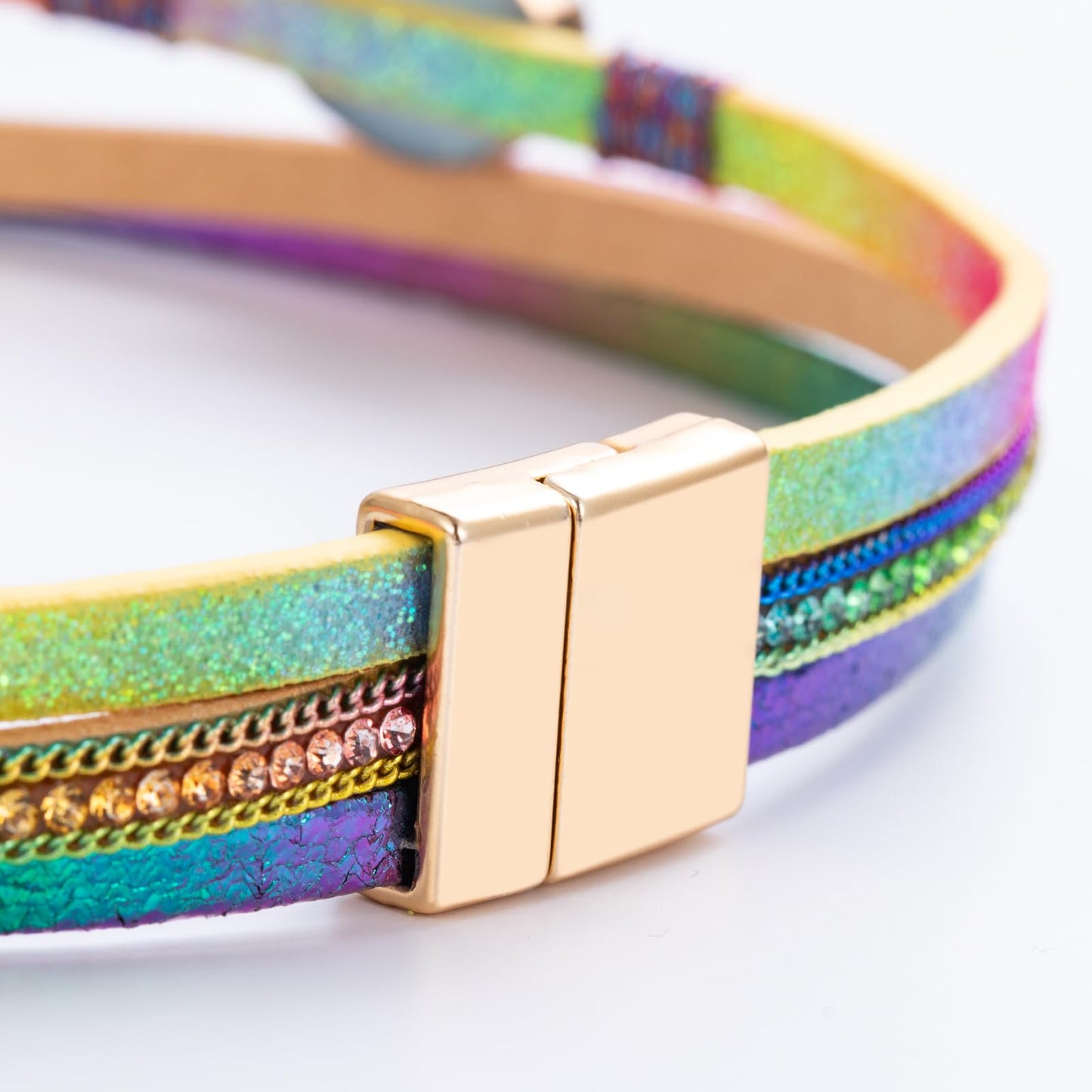 FANCY SHINY Boho Leather Wrap Bracelet Stackable Chunky Crystal Cuff Bracelets with Magnetic Clasp Cowboy Cowgirl Western Summer Beach Outfits Jewelry Gifts for Women (14.7", Rainbow)