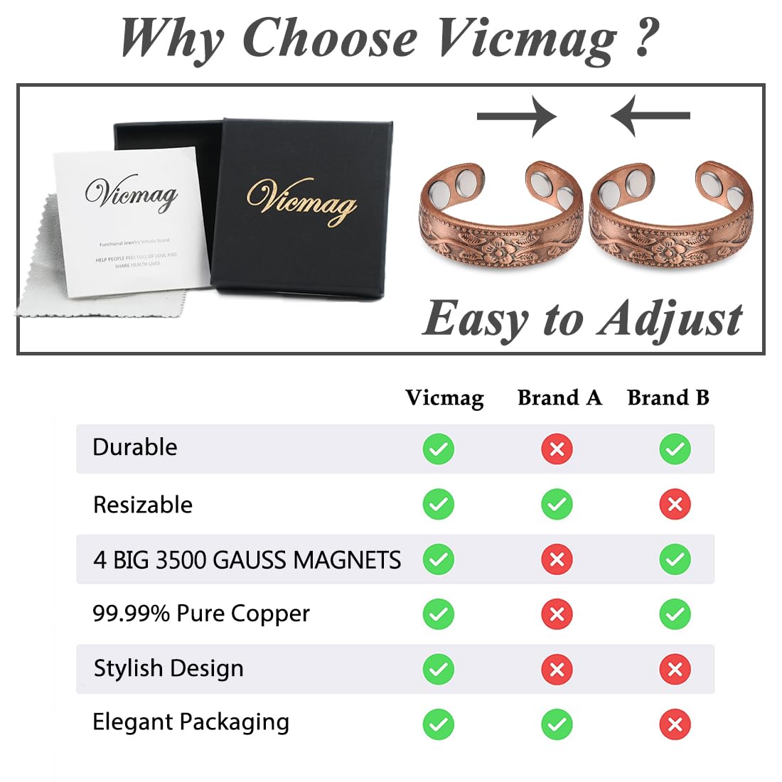 Vicmag Copper Magnetic Ring for Women 99.9% Copper Finger Ring Strong Magnet Ring Copper Jewelry Gift Adjustable