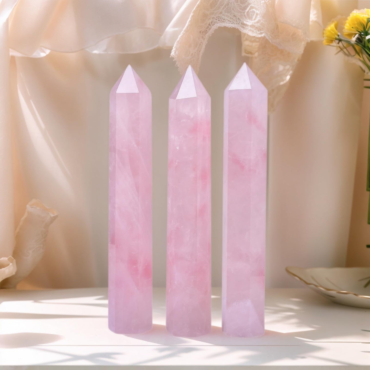 RUIJINGYUAN Rose Quartz Crystal Tower 6-6.3" - 6 Faceted Single Point Crystal Wand for Chakra, Reiki, Meditation & Energy Healing Home Decor Gift