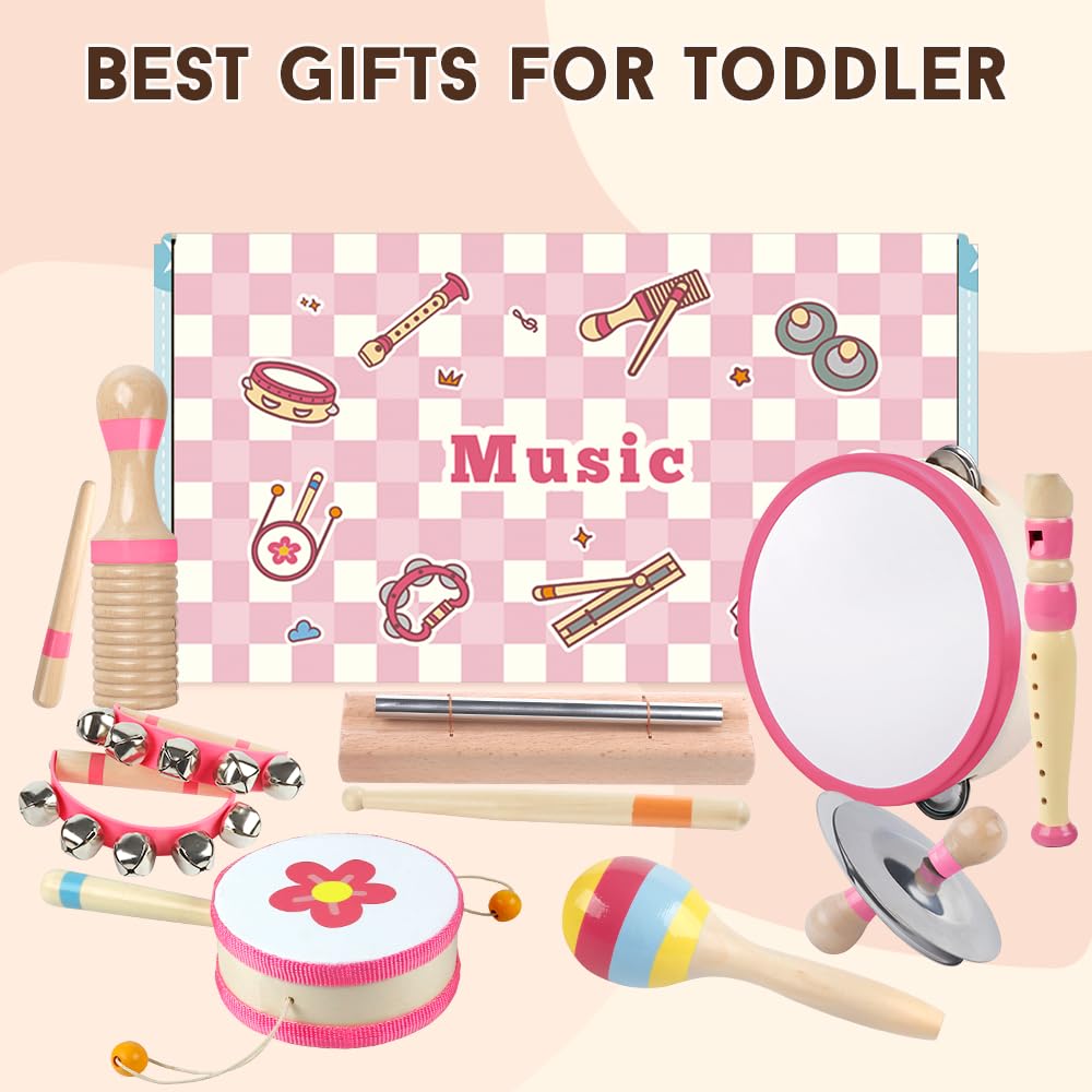 Toddlers Musical Instruments for 1 2 3 Year Old Girl,Baby Montessori Wooden Musical Toys for Toddlers1-3 Year Old,Kids Musical Toy for Preschool,Christmas Birthday Gift for Baby Girls (Pink 8 in 1)